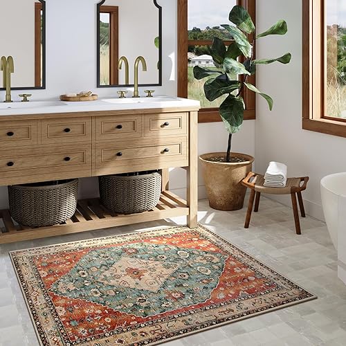 Miniatura 110 de Lahome Tapete tribal bohemio, pequeño, suave, antideslizante, lavable, de pelo corto, para piso en puerta, interior, entrada, baño, silla, Verde