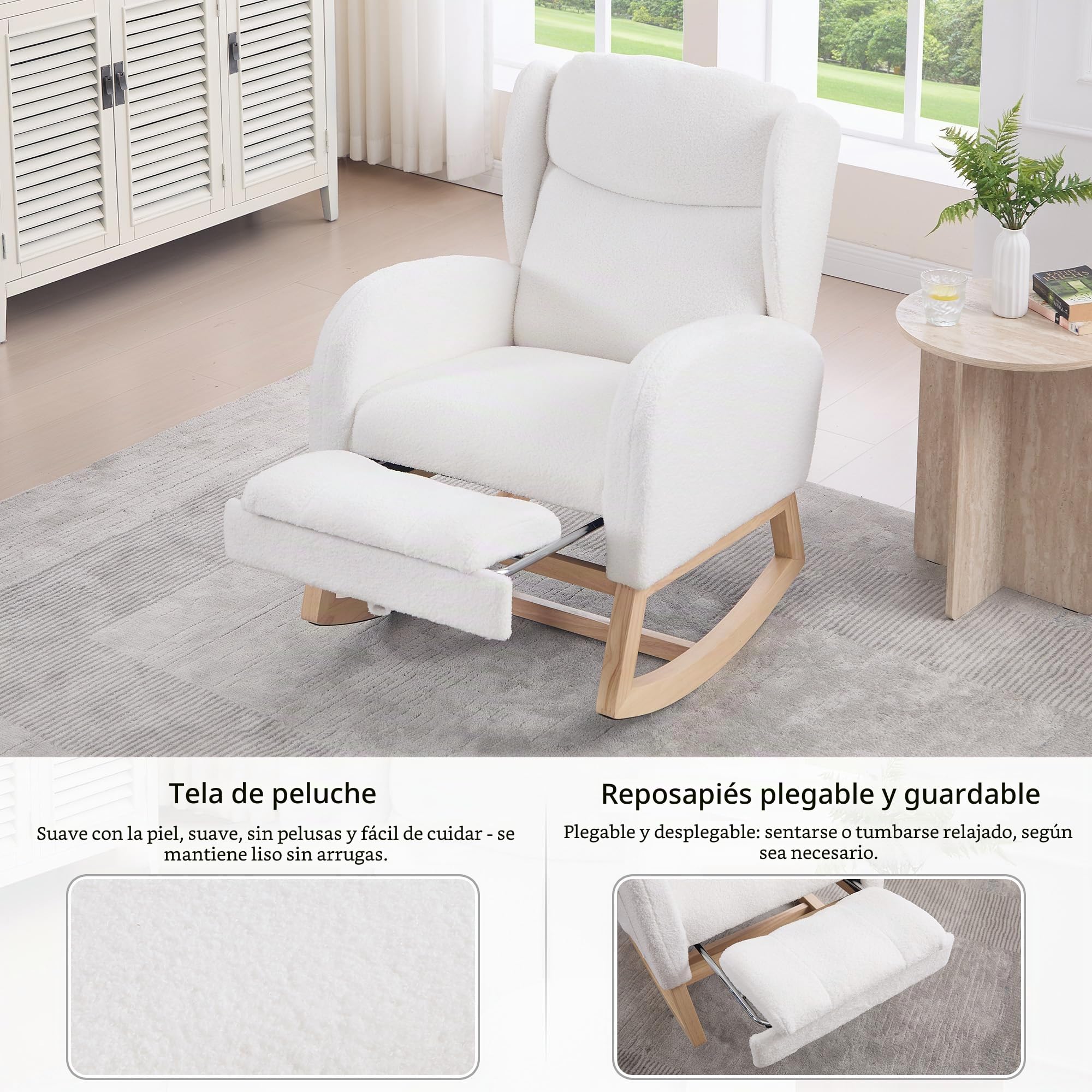 Mecedora, silla de lactancia, sillón de salón con estructura de madera, reposapiés ajustable, respaldo alto, tela teddy, con bolsillo, cómoda silla de acento para dormitorio, salón (blanco)
