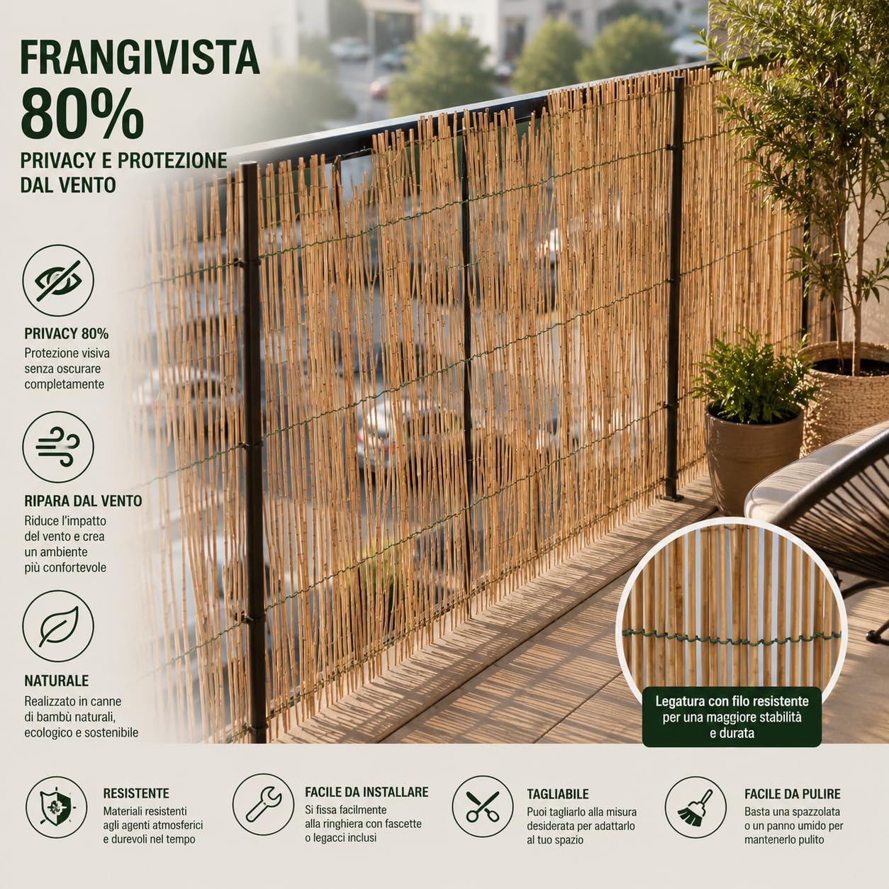 MAKA Arella in Bambù Naturale Frangivista per Esterno 4 mm, Canniccio Ombreggiante per Giardino Terrazzo Balcone, Stuoia in Canna Bambù per Recinzione Decorativa e Privacy (1x3 metri)
