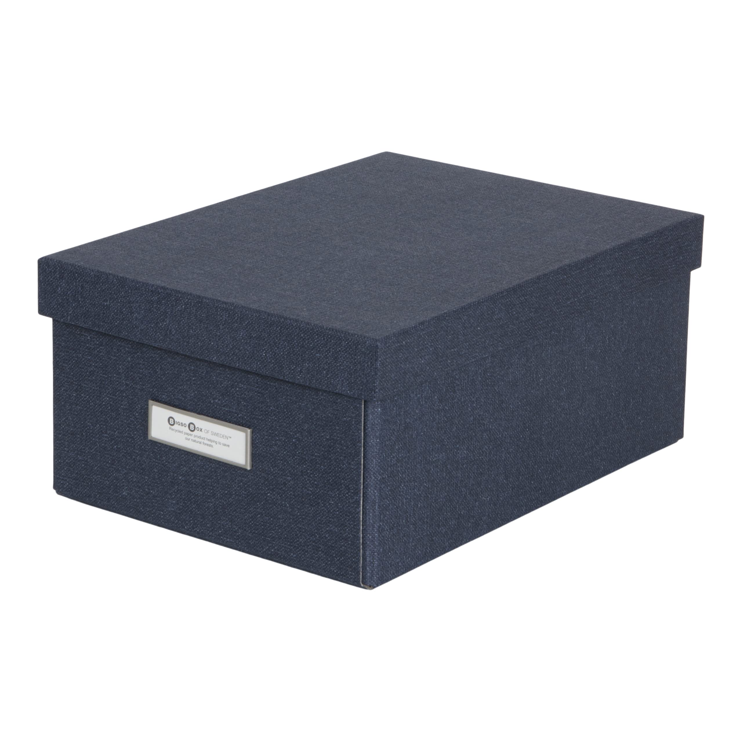 Bigso Box of Sweden KARIN Kleine opbergdoos met deksel, stabiele organizer van vezelplaat en papier in linnenlook, praktische vouwbox met etiketframe voor extra opbergruimte, lichtgrijs