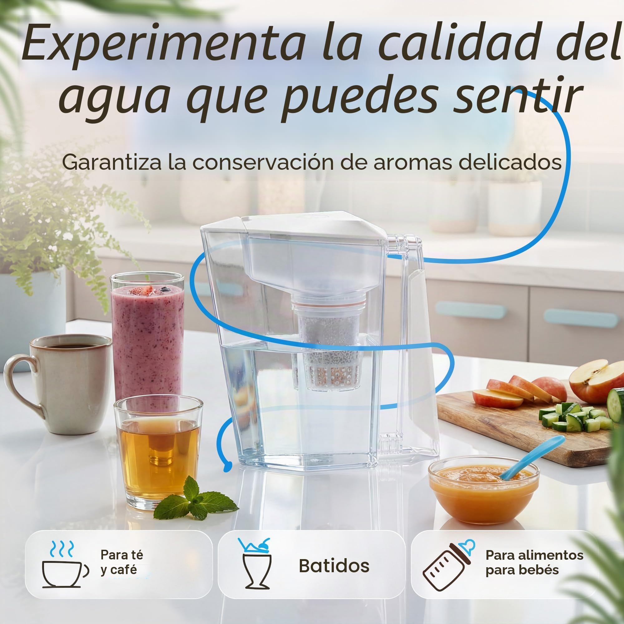 Filtro de agua MAUNAWAI® Premium Bio, incluye 1 jarra de agua + 1 cartucho filtrante y almohadilla de filtro (para 3 meses) - Blanco, filtro de agua potable + jarra con filtro
