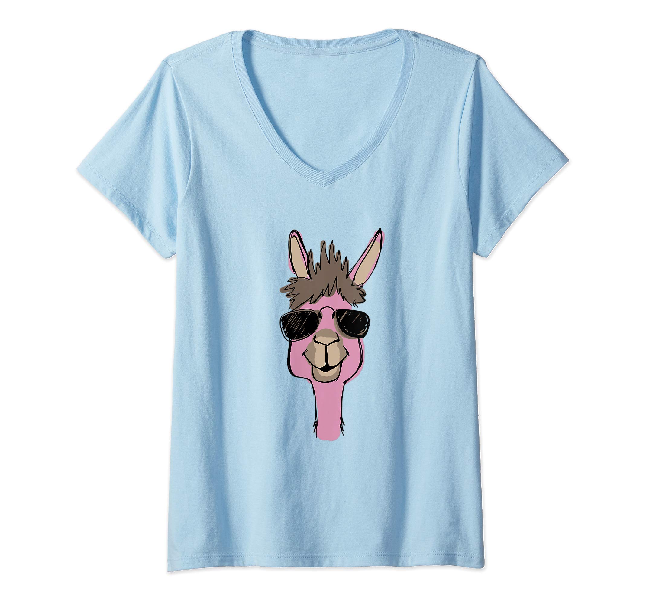 Womens Cool Pink Llama Face Funny Alpaca with Sunglasses V-Neck T-Shirt