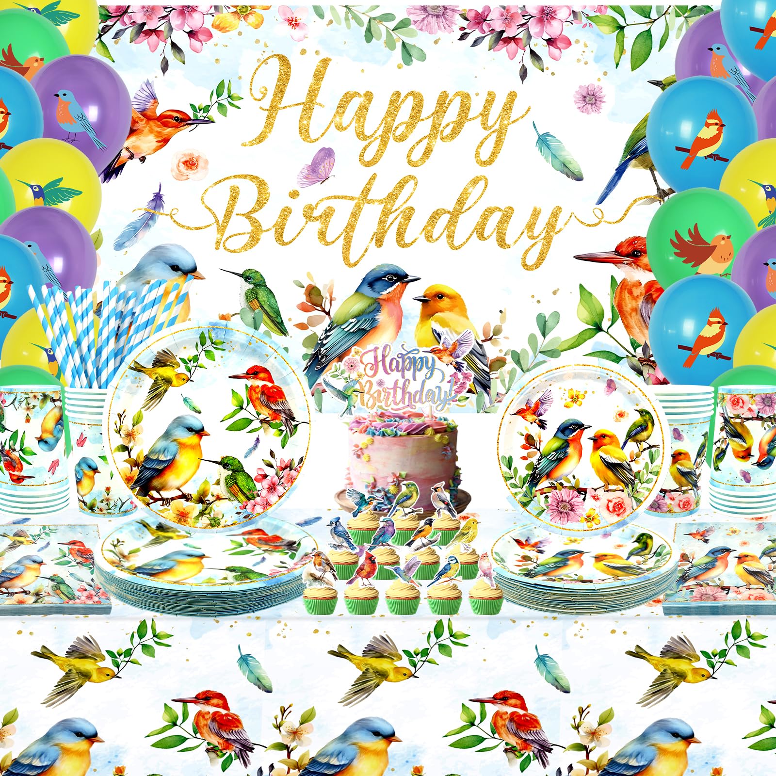 Suministros para fiestas de pájaros, incluye pancartas de feliz cumpleaños, platos, mantel, vasos, globos y popotes, para decoración de fiesta de té de verano con temática de pájaros (telón de fondo)