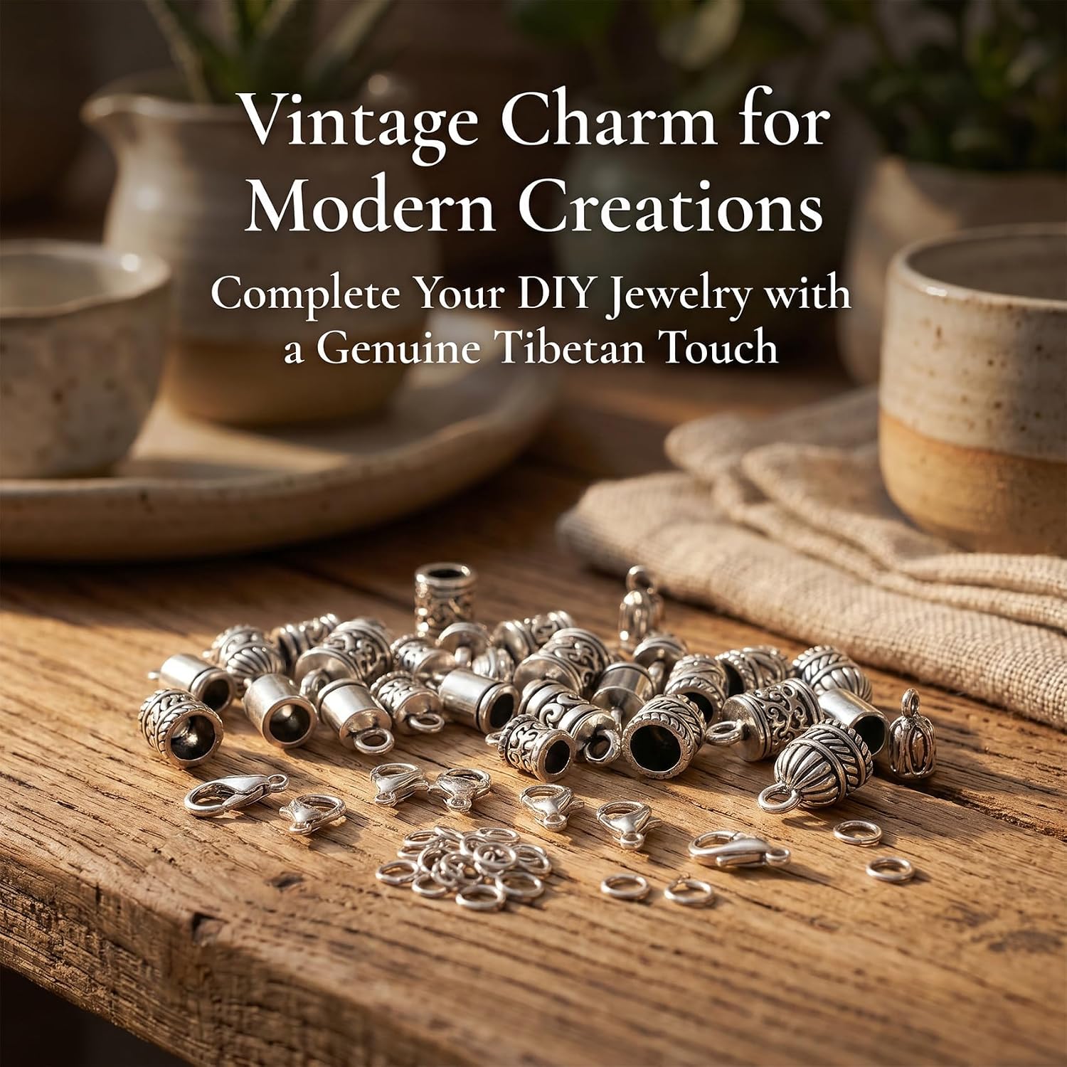 112 Pcs End Caps for Jewelry Making, Tibetan Cord End Caps with Jump Rings Lobster Clasps, Metal Embossed Tube Crimp Beads End Fasteners for Leather Bracelets Necklaces - Antique Silver