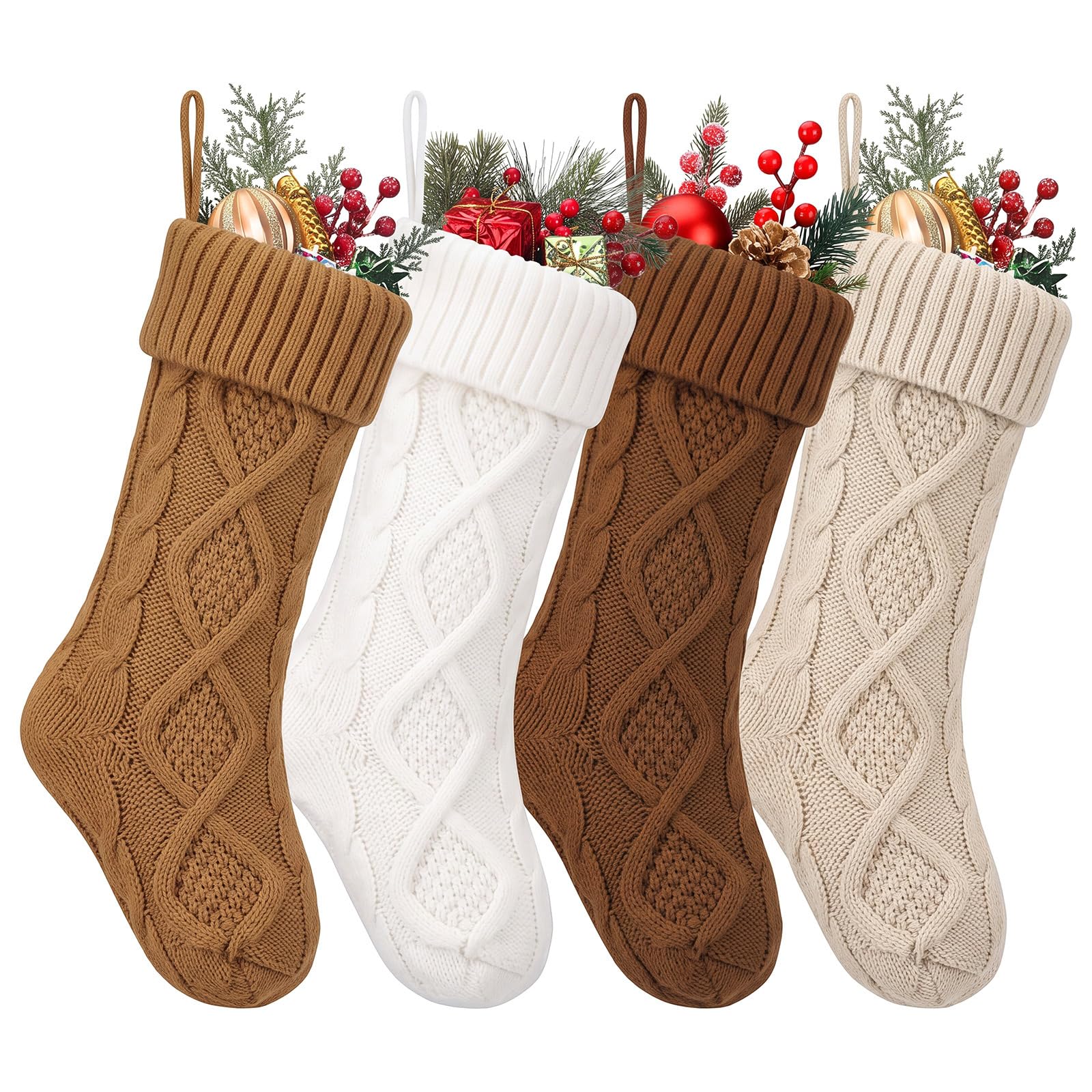 Coume 4pcs Farmhouse Neutral Christmas Stocking, 18" Large Knitted Stocking