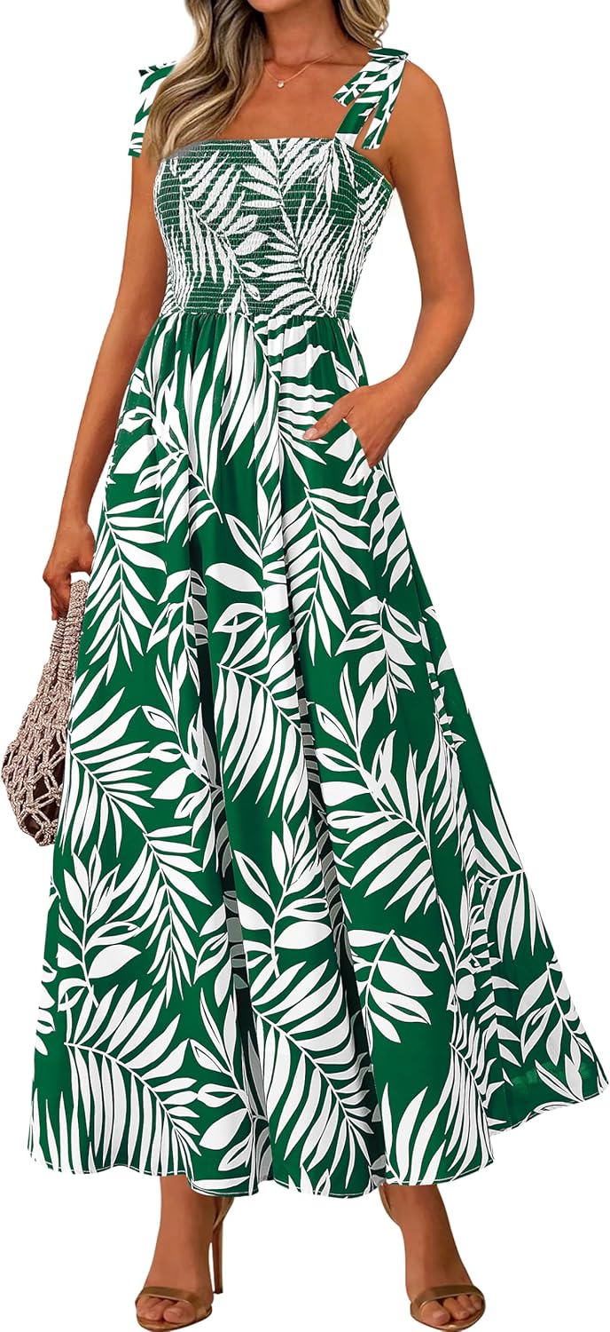 PRETTYGARDEN Womens Summer Dresses Floral Sleeveless Smocked Maxi Dress Boho Spaghetti Strap A Line Flowy Beach Long Sundress