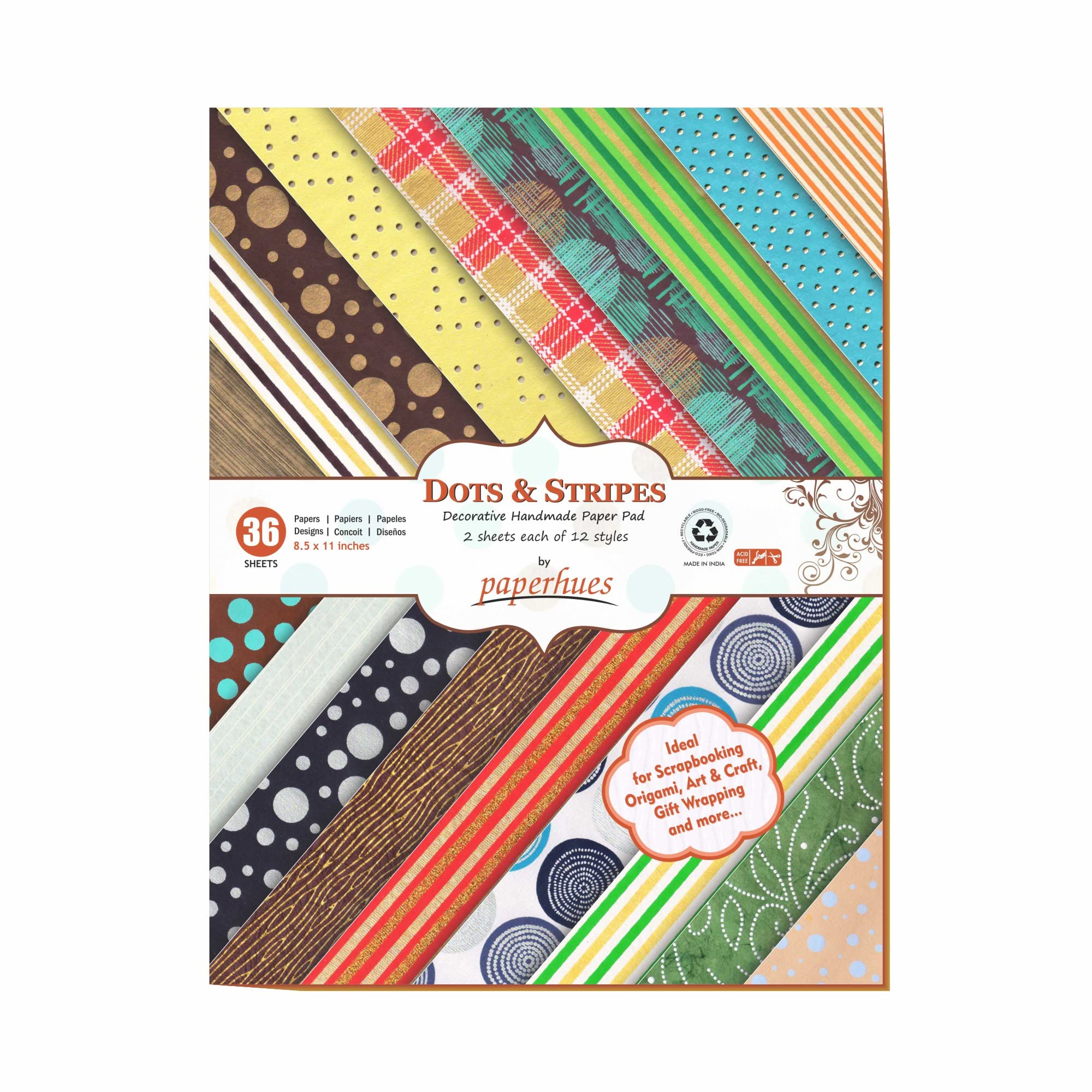 Paperhues Dots & Stripes Collection Handmade Scrapbook Paper 8.5x11" Pad 36 Sheets