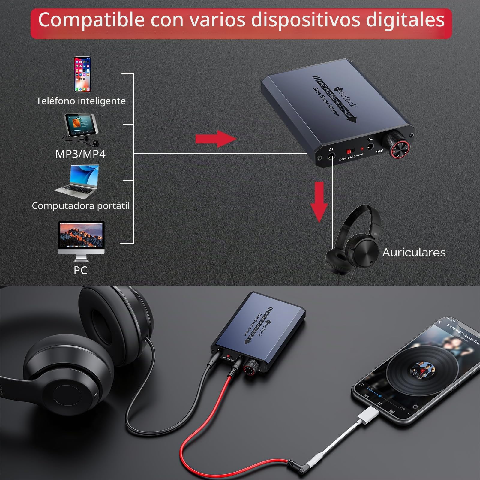 Neoteck Amplificador de Auriculares 3.5mm con Refuerzo de Graves 16-300Ohm Amplificador para Auriculares Portátil HiFi Superficie de Aluminio Mate para MP3,iPod,Mac,Teléfono Móvil,Ordenador