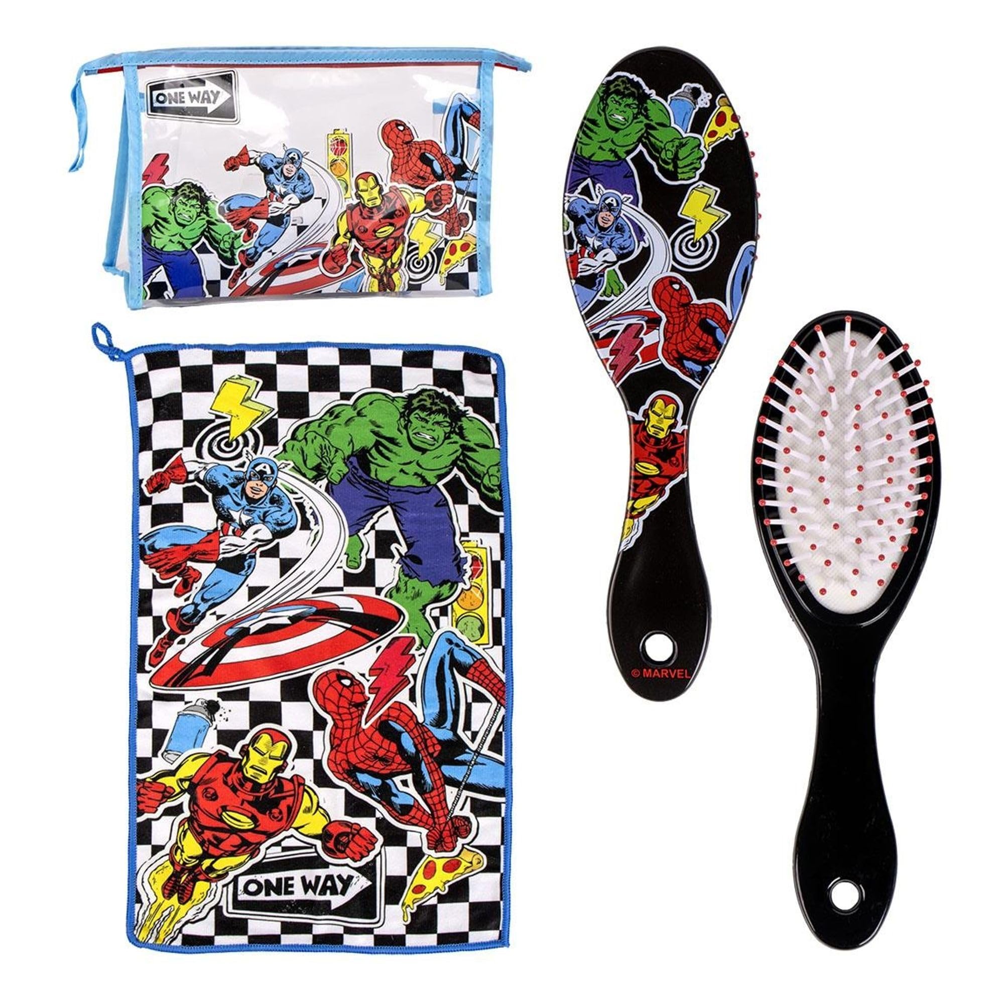 Set di spazzole per capelli per bambini Marvel Avengers con asciugamano e custodia trasparente - Borsa per la cura personale Avengers e accessori originali dei supereroi