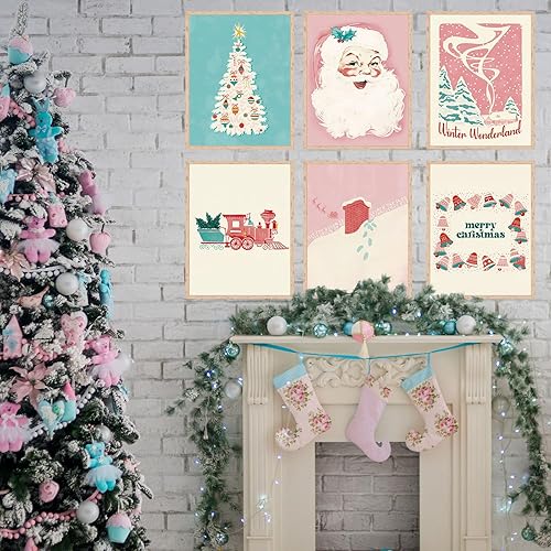 Miniatura 6 de JarThenaAMCS 9 hojas de arte de pared de Navidad azul y rosa con acuarela, país de las maravillas, árbol de Navidad, póster de Papá Noel para