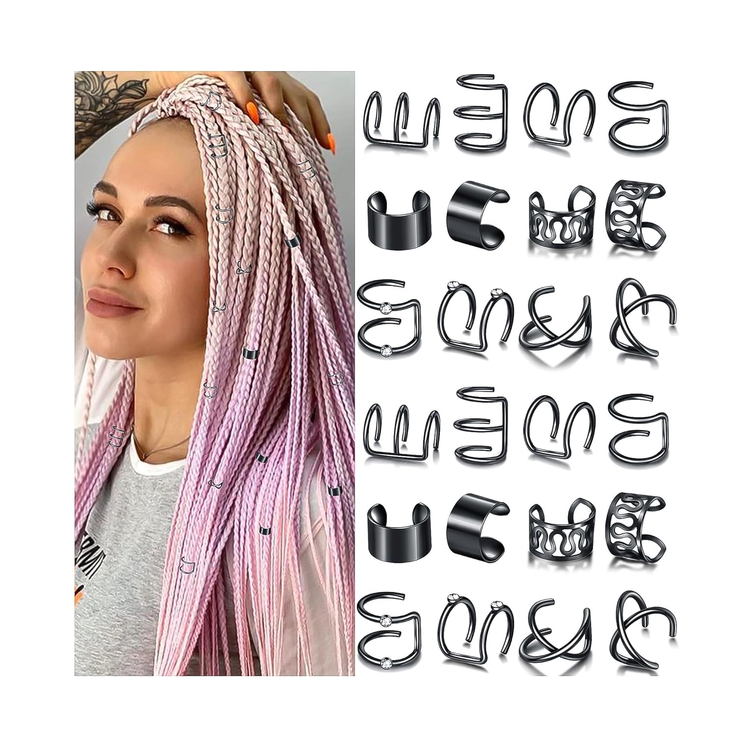 NAISKA 24PCS Black Hair Jewelry for Braids with Crystal