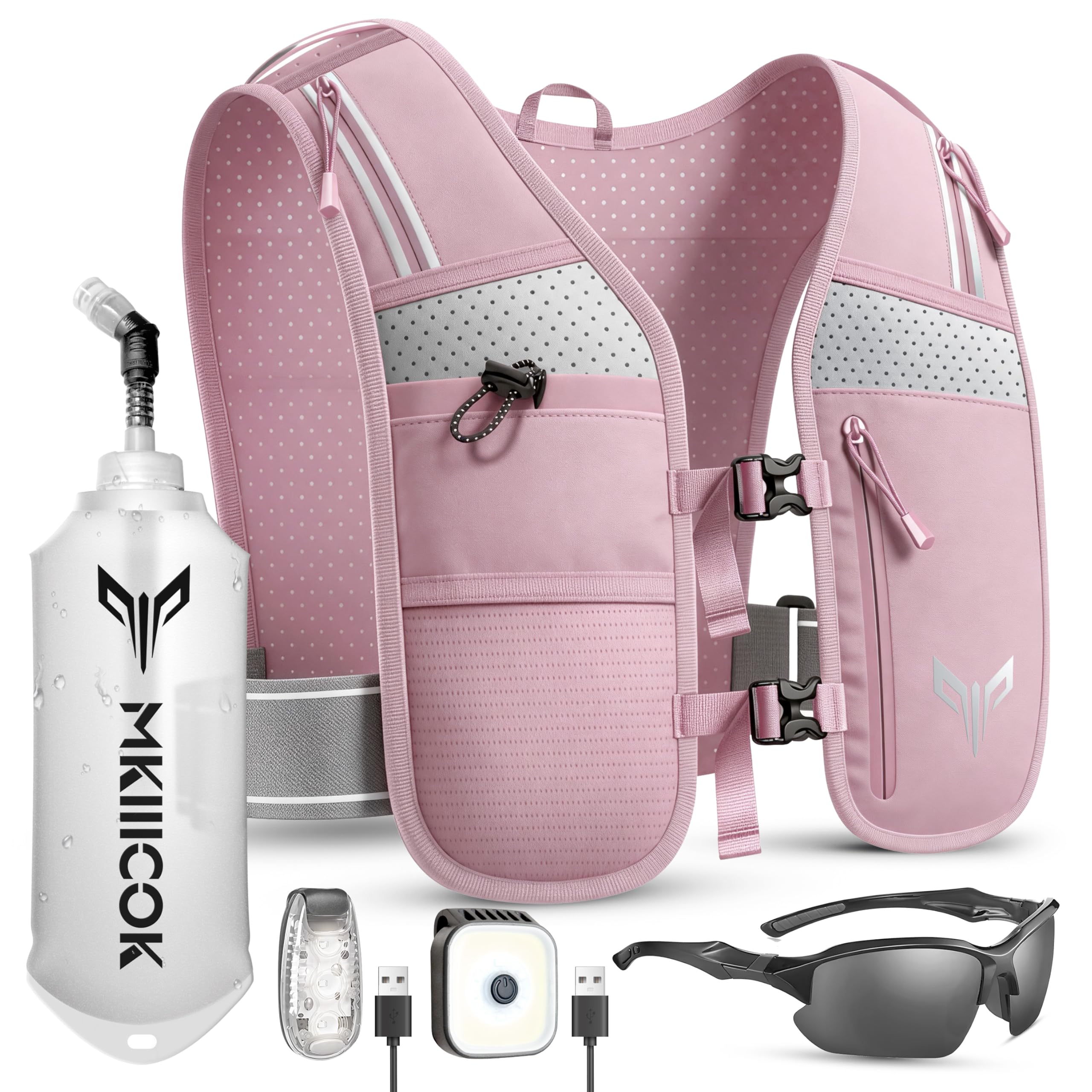 LED Running Vest for Men & Women with Phone Holder & 500ml Water Bottles - Reflective Lightweight Running Hydration Vest for Night Running, Marathon, Trail, Cycling (Pink 01, One Size)