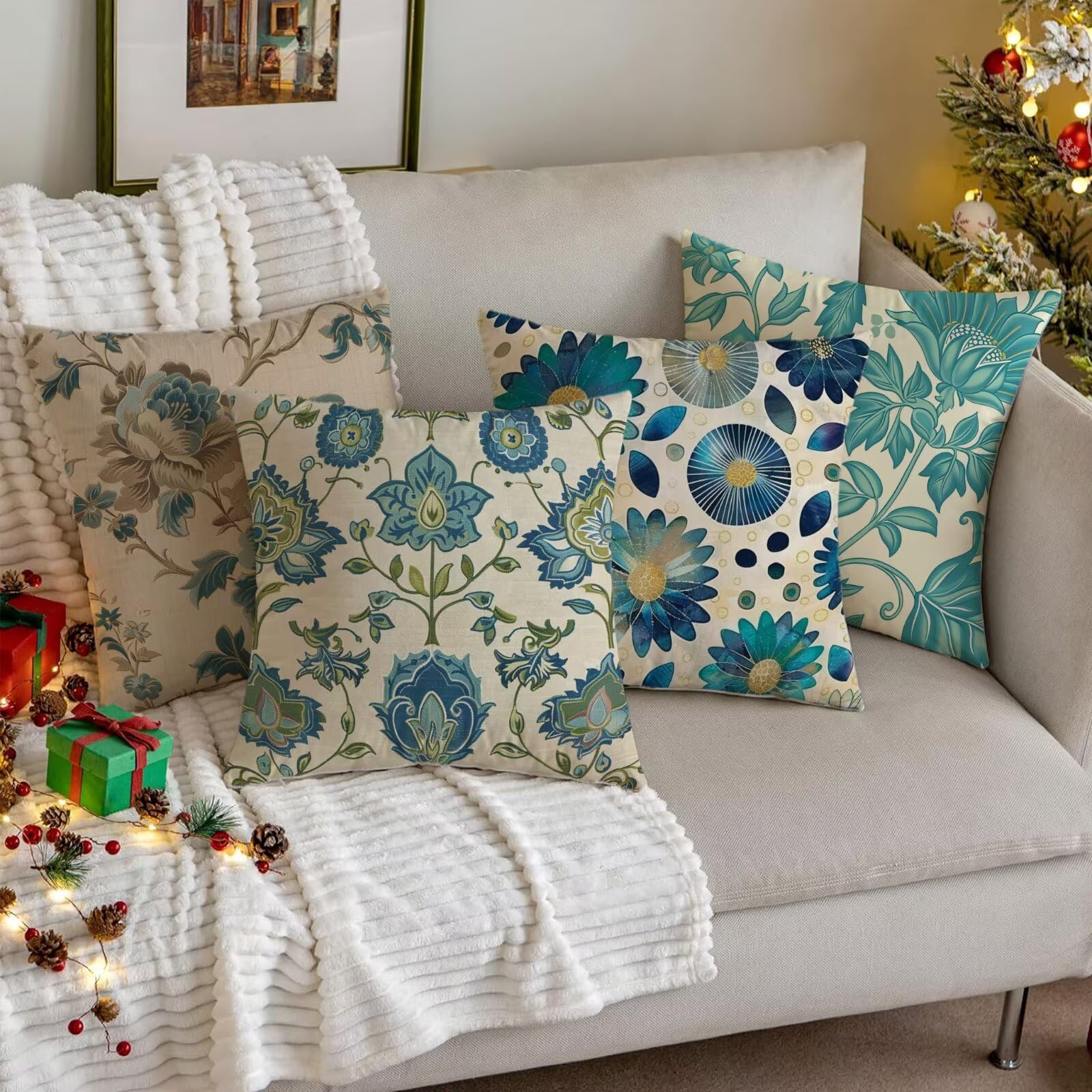 Housses Coussin 60x60 cm Lot de 4, Art Housse De Coussin Canape Fleur Motifs, Tissu Velours, Imprimés Recto Verso Fermeture Éclair Invisible Pour Decoration Maison Salon Chambre Canapé Cadeau PP-6