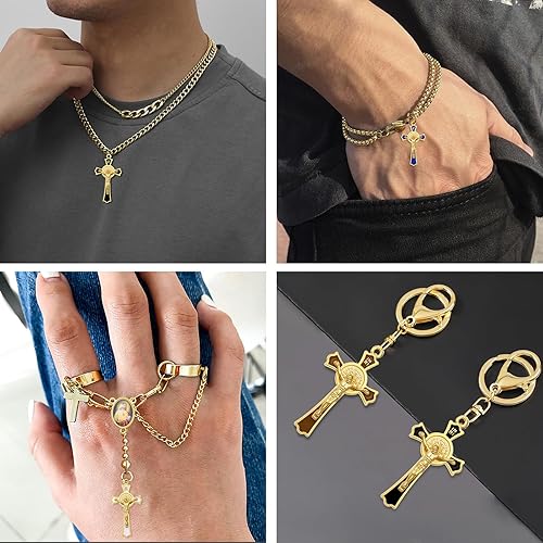 Miniatura 6 de 12 dijes de cruz de diamantes de imitación de cristal de 6 colores, esmalte de aleación, medalla de San Benito, colgantes de crucifijo INRI para