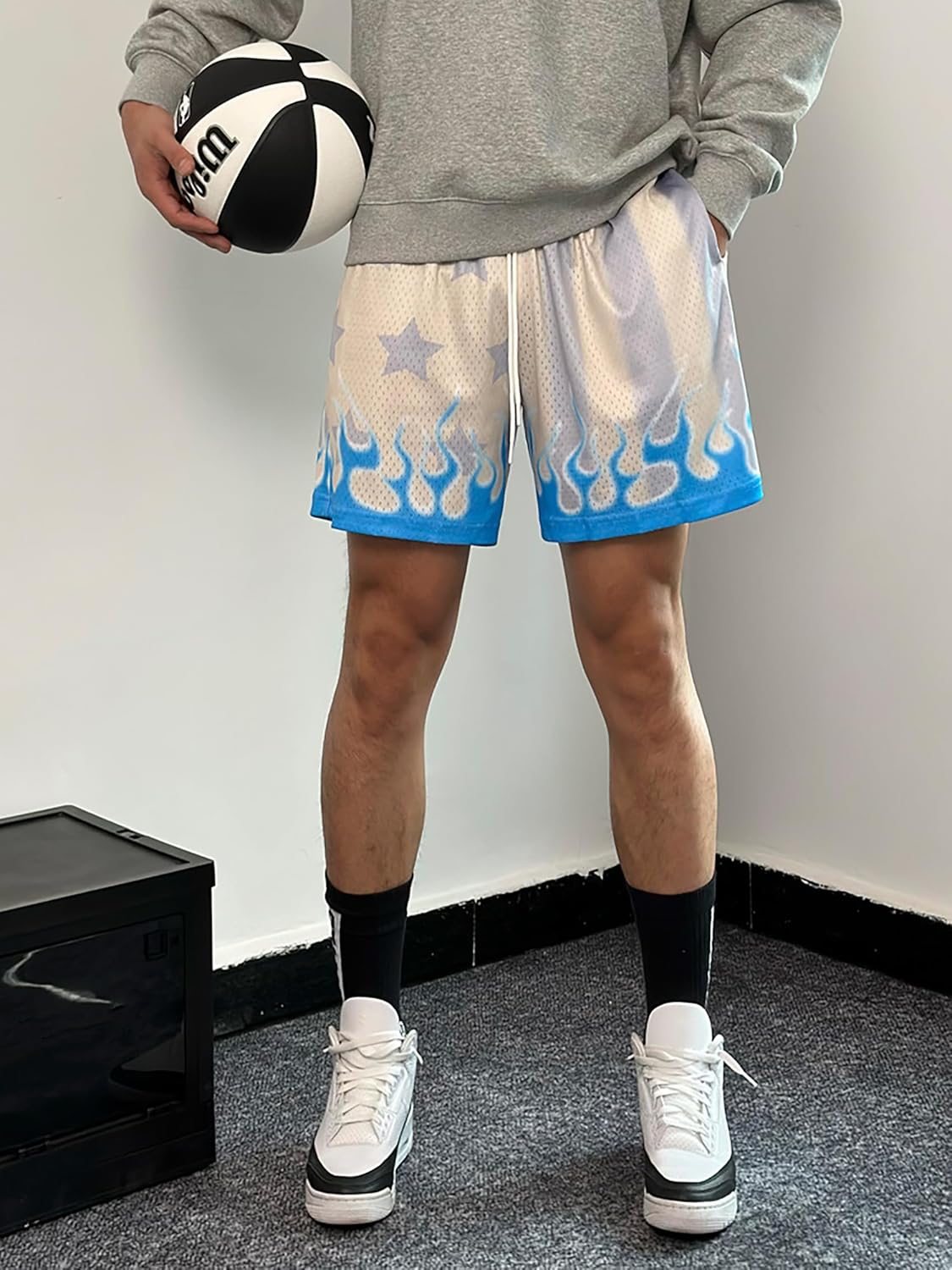 DIOTSR Mens Flame Graphic Basketball Shorts Cool Retro Running Athletic Shorts Drawstring Waist Casual Track Shorts