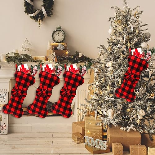 Miniatura 6 de Skylety Pet Dog Christmas Stockings Buffalo Plaid Large Bone Shape Hanging Christmas Stocking Buffalo Plaid Stocking for Xmas Party Family Gathering