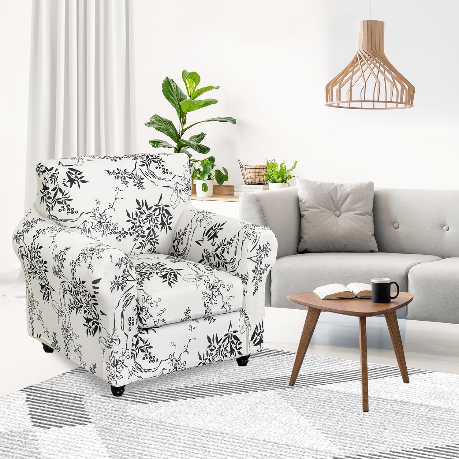 FUANGUI 2 Piece Chair Covers Stretch Arm Covers Chair Couch Covers, Armchair Slipcover with Separate Chair Cushion Cover, Floral Washable Chair Protector for Living Room (Armchair, Ink Pattern)