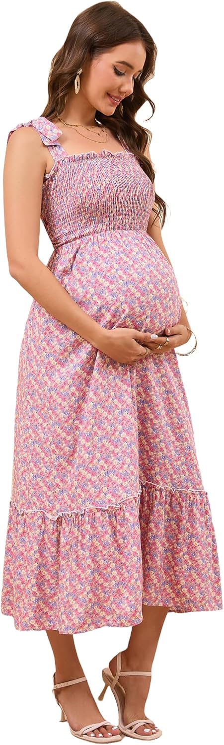 Women's Maternity Dress Boho Spaghetti Strap Square Neck Floral Print Ruffle Nursing Maxi Dress Baby Shower Photoshoot Casual