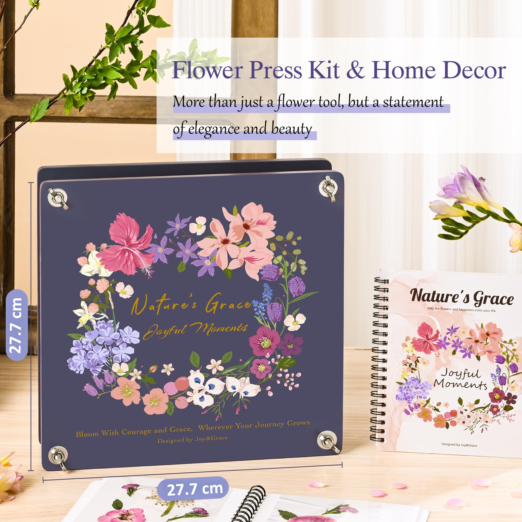 Joy&Grace Juego de prensa de flores grande de 27,7 x 27,7 cm para adultos, prensa de plantas de 10 capas con cubierta, álbum de prensa de flores DIY y kit de herramientas secas para almacenamiento de