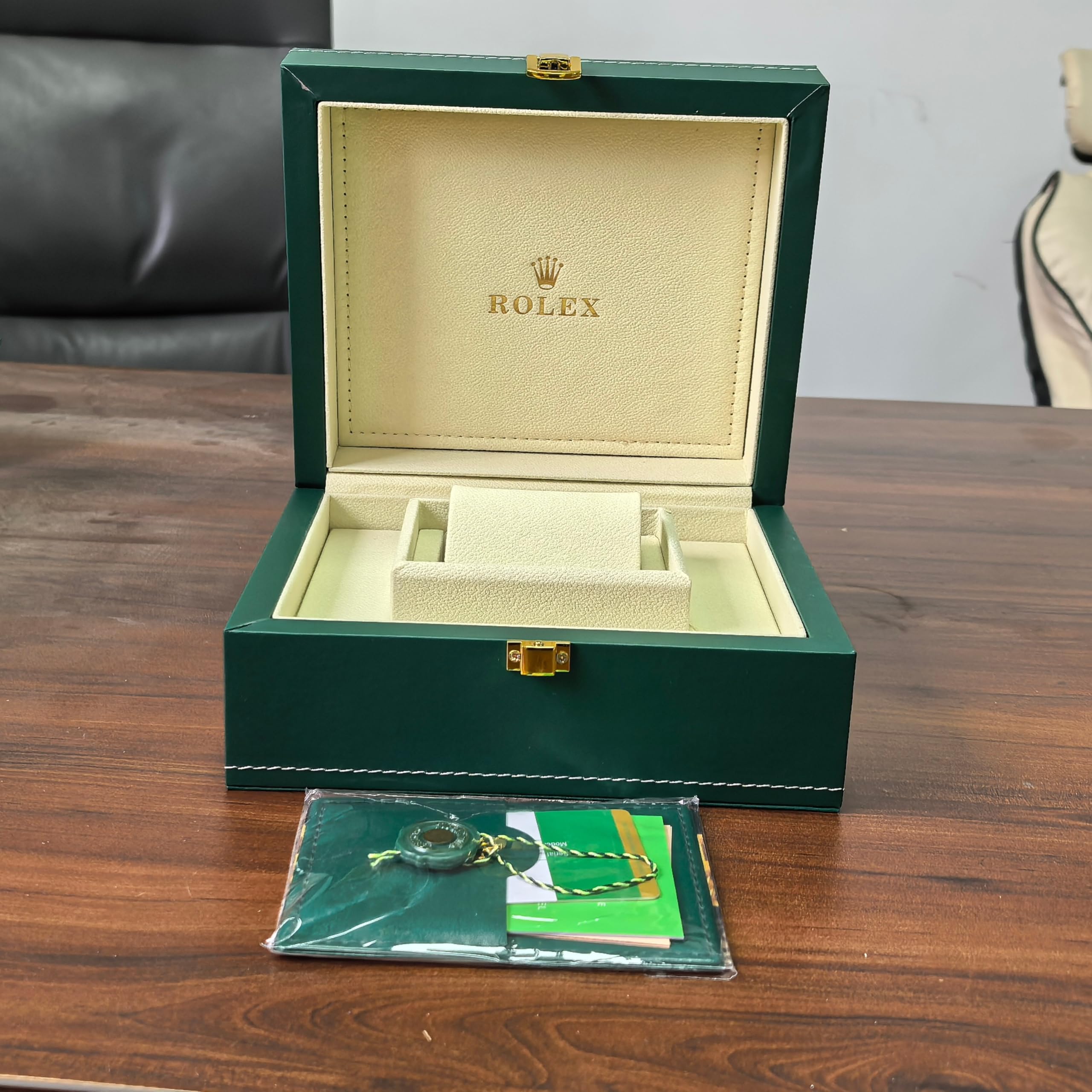 Caja de Reloj Ranura Individual Estuche de Madera de Cuero PU Verde con Caja Exterior Y Bolsa para Rolex Oyster Perpetual