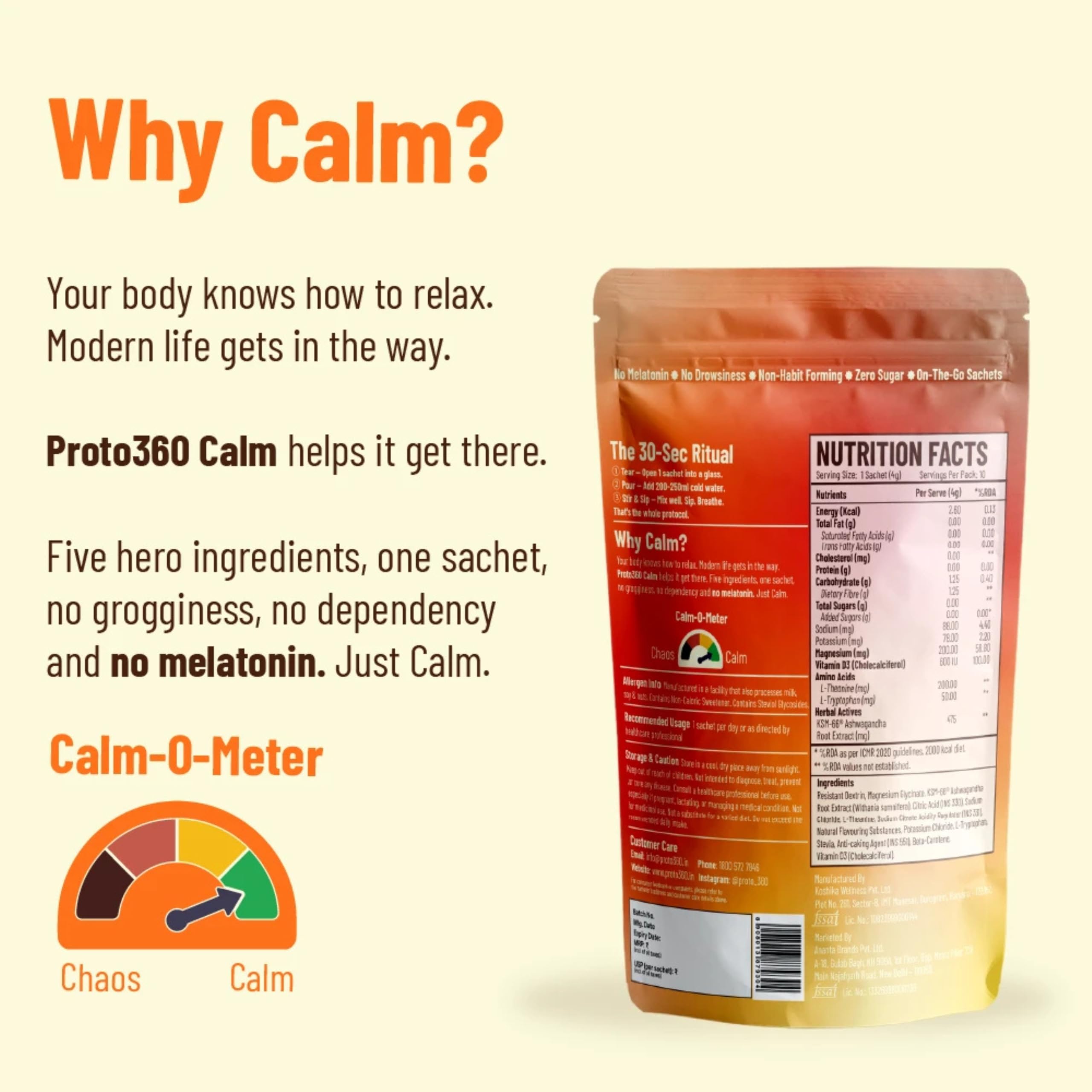 Calm | For Deep Sleep, Relaxation & Calmness | Cortisol Reducer and Sleep Supplement | KSM-66 Ashwagandha, L-Theanine, Magnesium Glycinate, Vitamin D3 | India's First Melatonin Free Calming Drink Mix | Orange Peach (10 Sachets) | Regulates Sleep Cycle | No Added Sugar — Amazon image 6