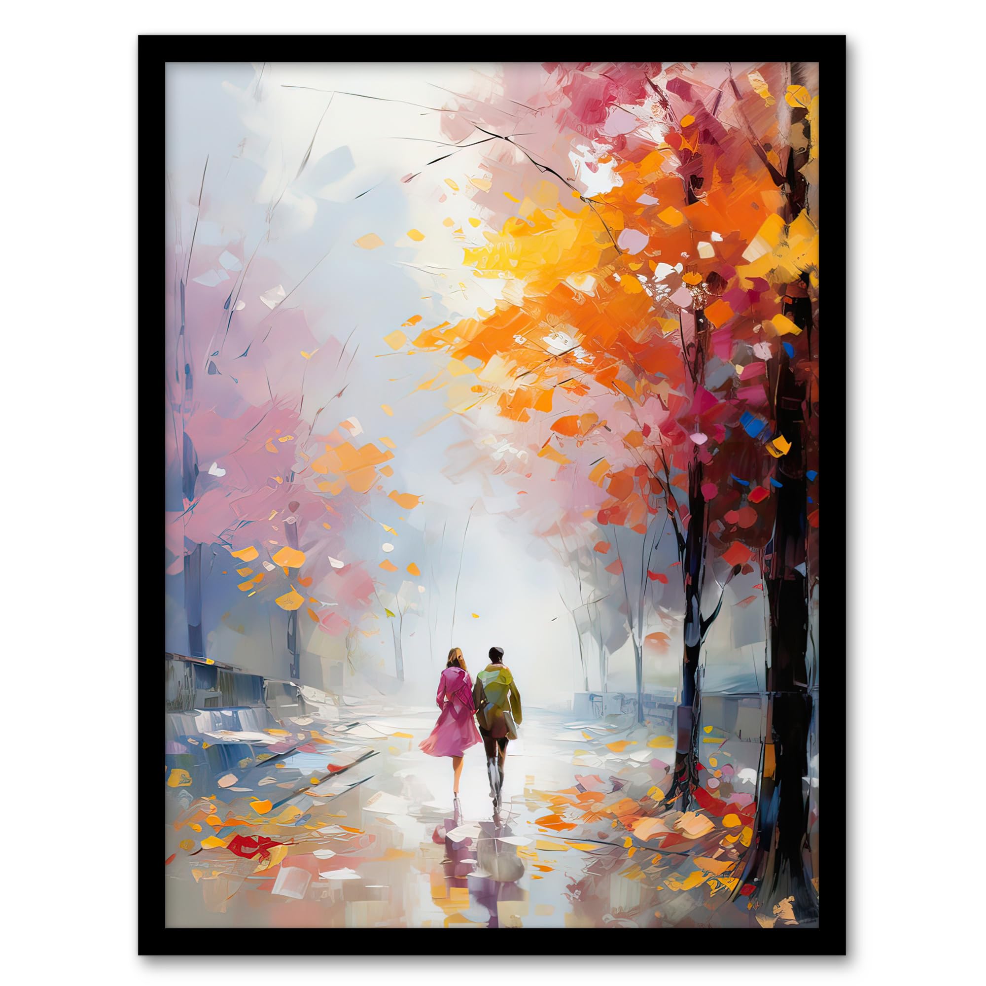 Artery8 Lovers Autumn Walk Oil Painting Orange Pink Blue Couple Walking Through Park Artwork Framed Wall Art Print A4