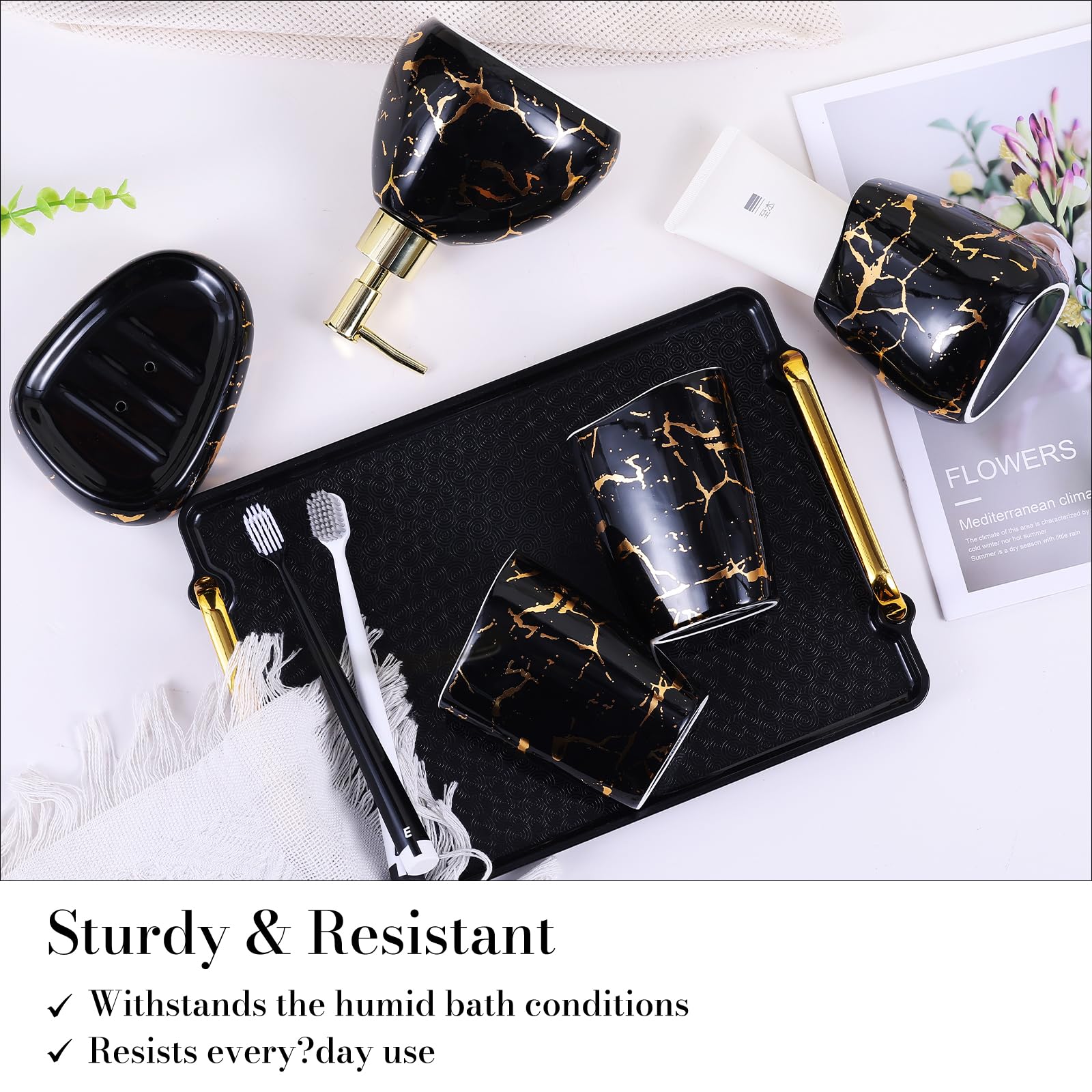 XYQXYQ Black Bathroom Accessories Set,Gold Marble Look Bathroom Decor,Modern 6 Piece Bathroom Accessory Set,Complete with Soap Dispenser,Toothbrush Holder,Tumbler,Tray Countertop - Image 3