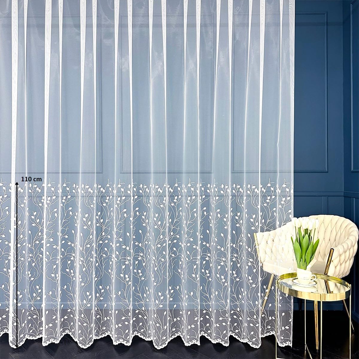 Weiß 500x160 cm (BxH) Anissa Tüll Lang Kurz Vorhänge Kräuselband Wohnzimmer Gardinenschals Schlafzimmer Blumen Muster