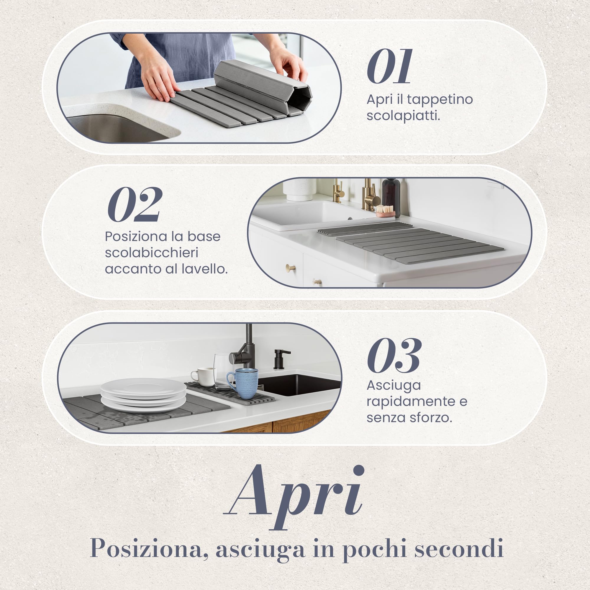 Tappetino Scolapiatti Assorbente Diatomite Pieghevole – Tappetino Assorbente Cucina Pietra 40×30 cm + 30×10 cm con Accessori di Manutenzione – Asciugatura Rapida, Igienico e Antiscivolo