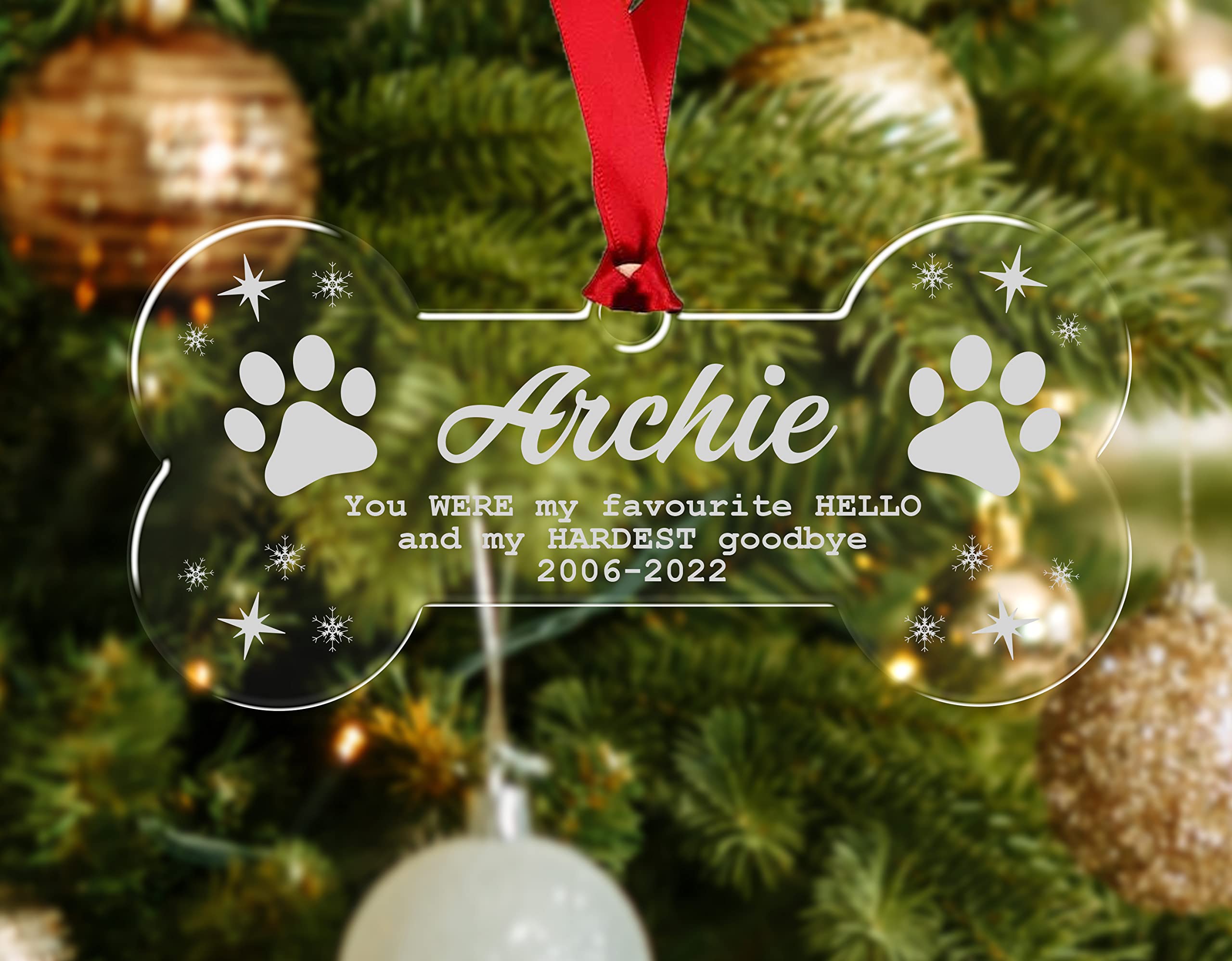 Personalised Dog Bone Memorial Christmas Bauble Puppy Pet Tree Decoration Xmas Gift Any Name Rememberance (The Hardest Goodbye)