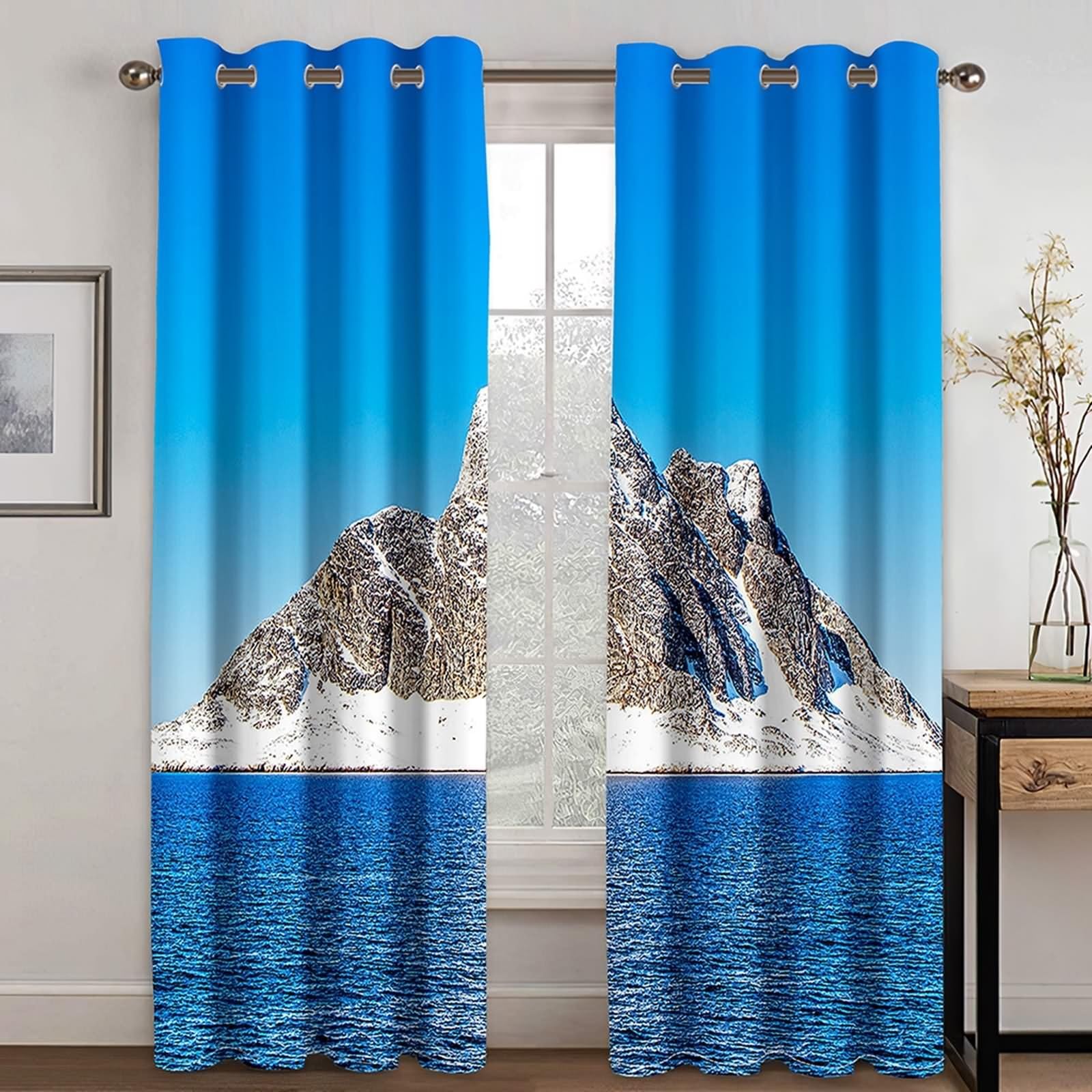 Verdunklungsvorhänge Wohnzimmer, Gardine Verdunkelung Blau Grau Weiß Blauer Himmel, Berge und See Polyester 2er Set 488x214cm