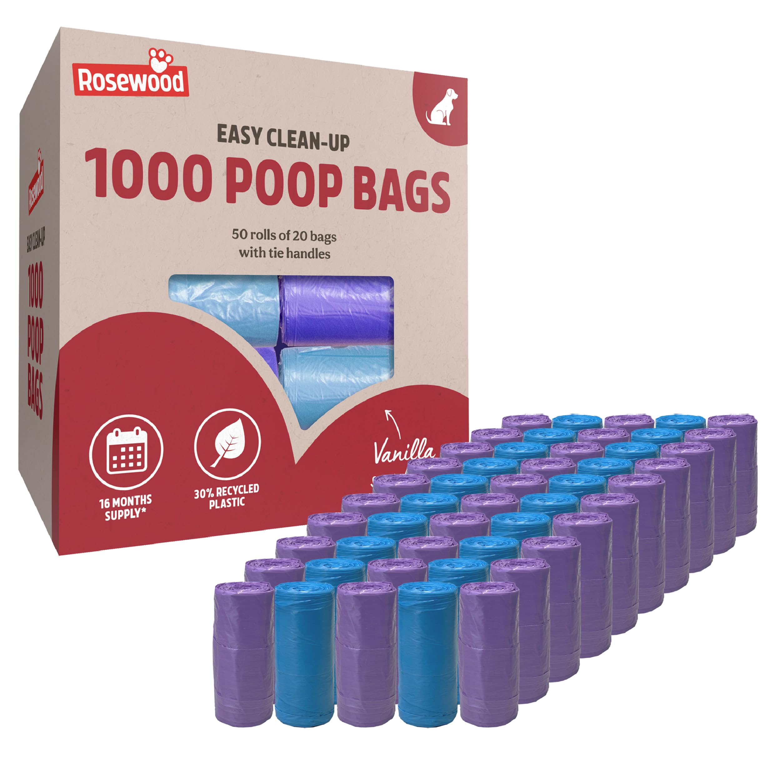 Rosewood Dog Poo Bags with Handles, 1000 Easy Clean-Up Poop Bags, 50 Refill Rolls of Dog Waste Bags with Tie Handles