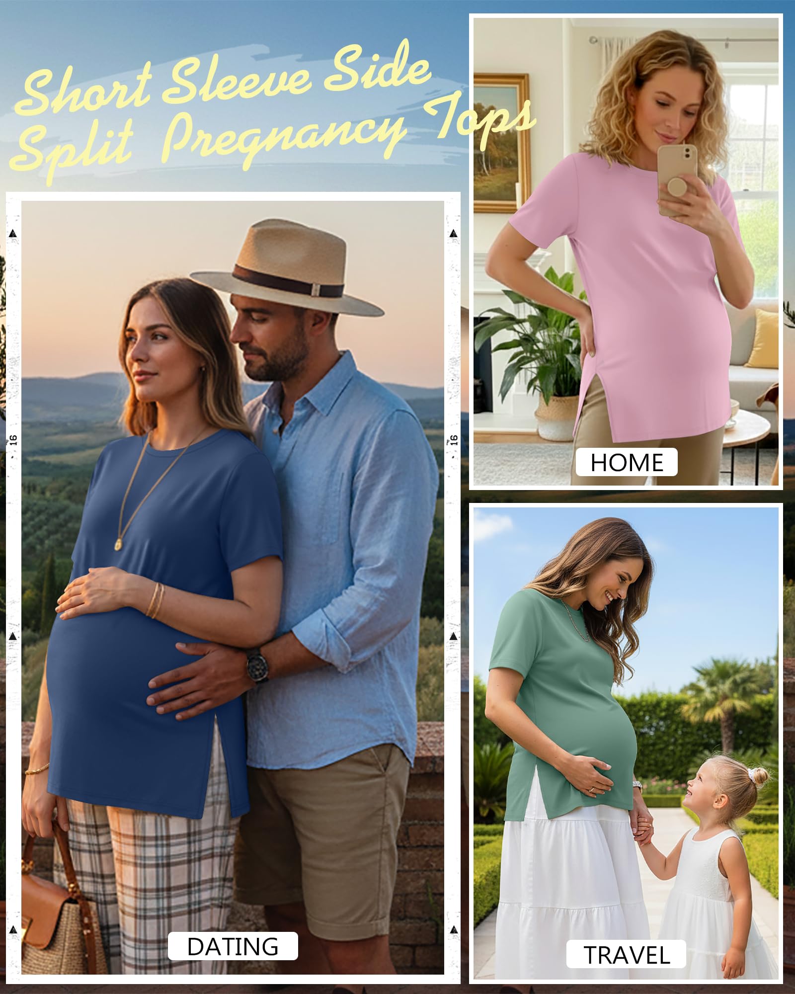 Ficerd Paquete de 3 Camisetas de Maternidad para Mujer De, Manga Corta, Aberturas Laterales, Cuello Redondo, Estilo Casual