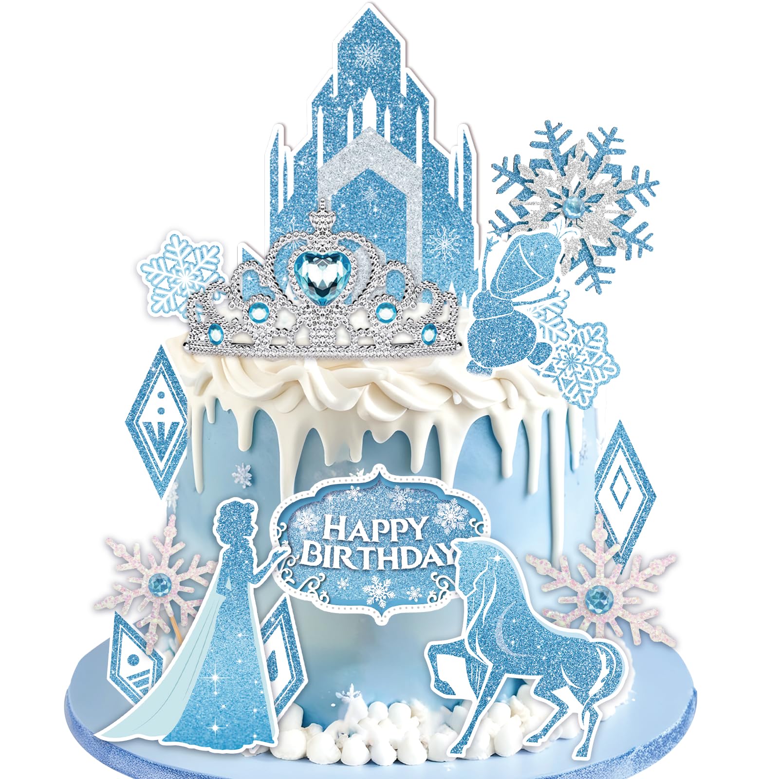 GZDUCK Ice Princess Cake Toppers- 16 Pcs Snow Theme Princess Cake Decorations with Castle, Crown, Snowflake Castle Birthday Cake Topper for Girls Kids