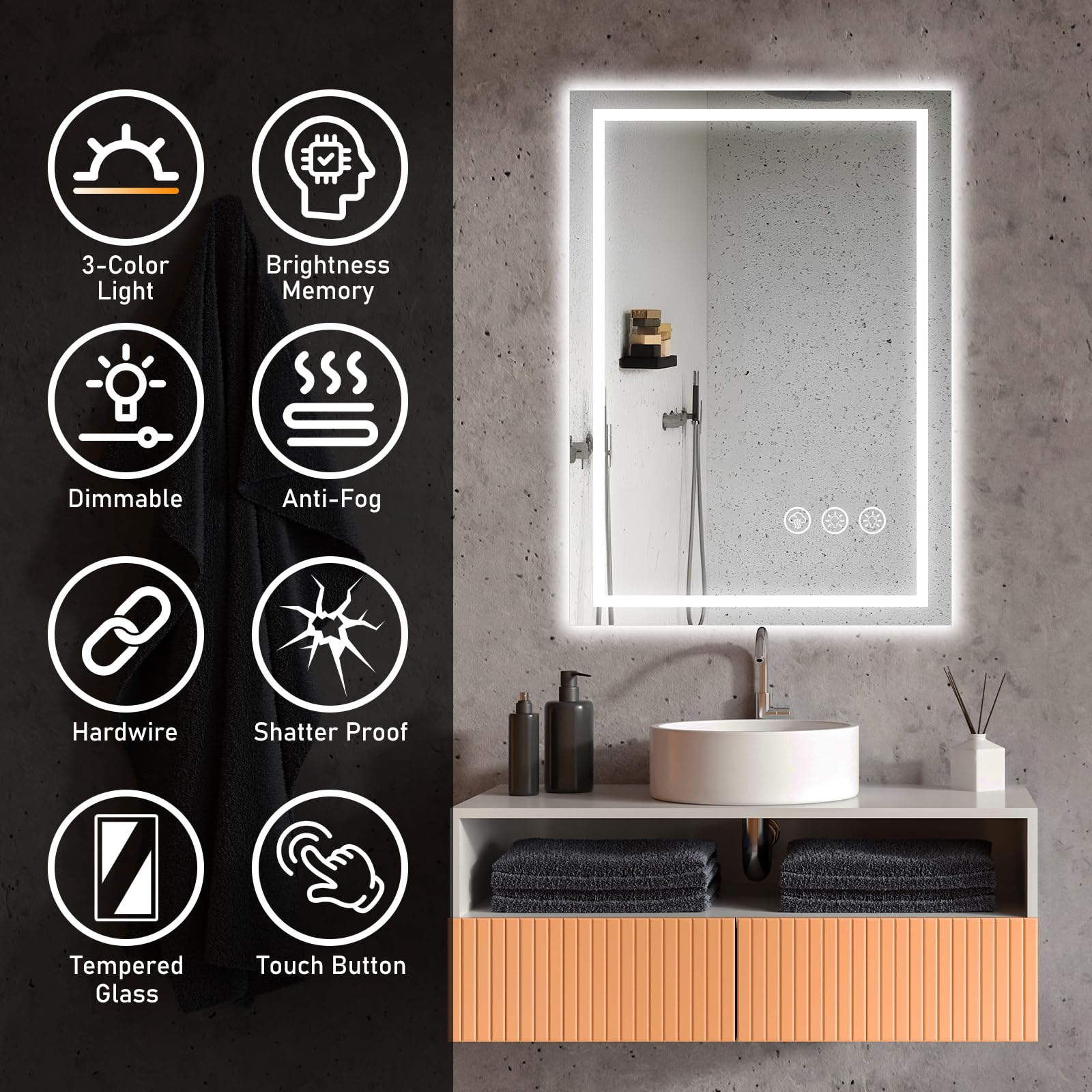 Ratsamee Badspiegel mit Beleuchtung LED, 50x70cm Spiegel mit Light, Wandspiegel mit Frontbeleuchtung, Antibeschlagfunktion, Dimmbar, mit 3 Einstellbaren Lichtfarben