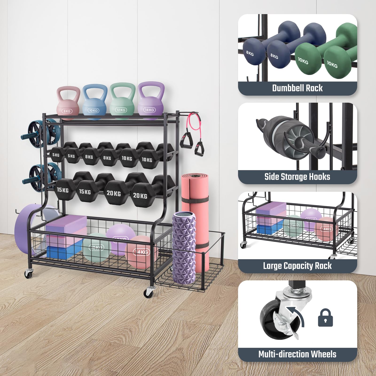 Support d'haltères, Support de Rangement 102x 39.5x84CM Avec Crochets Roues | Multifonctionnel, Grande capacité pour Kettlebell, Tapis de Yoga, Equipement d'Entraînement