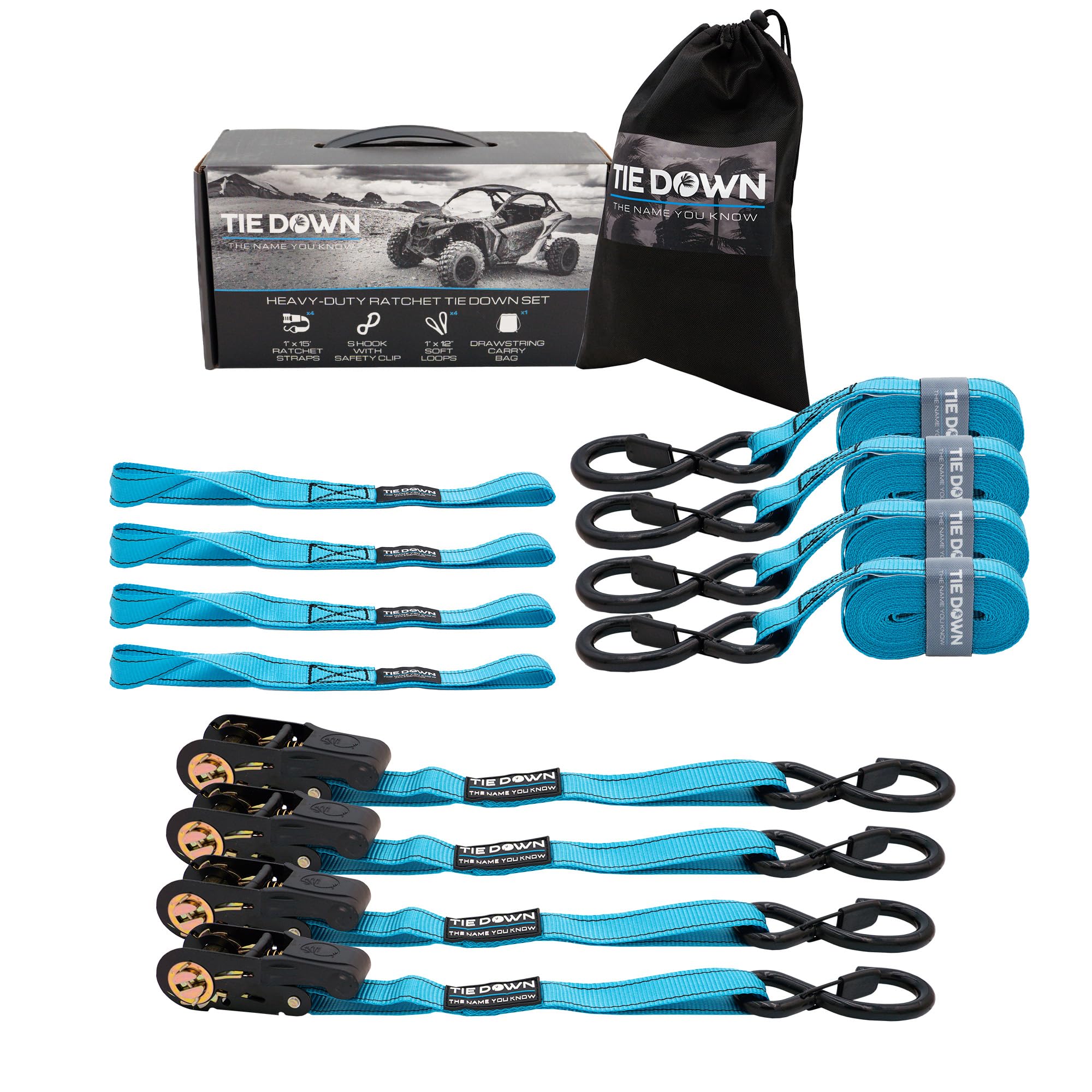 Tie Down 1 inch x 15 ft Blue Ratchet Strap, 4-Pack Kit - 2200 lbs. Breaking Load Limit