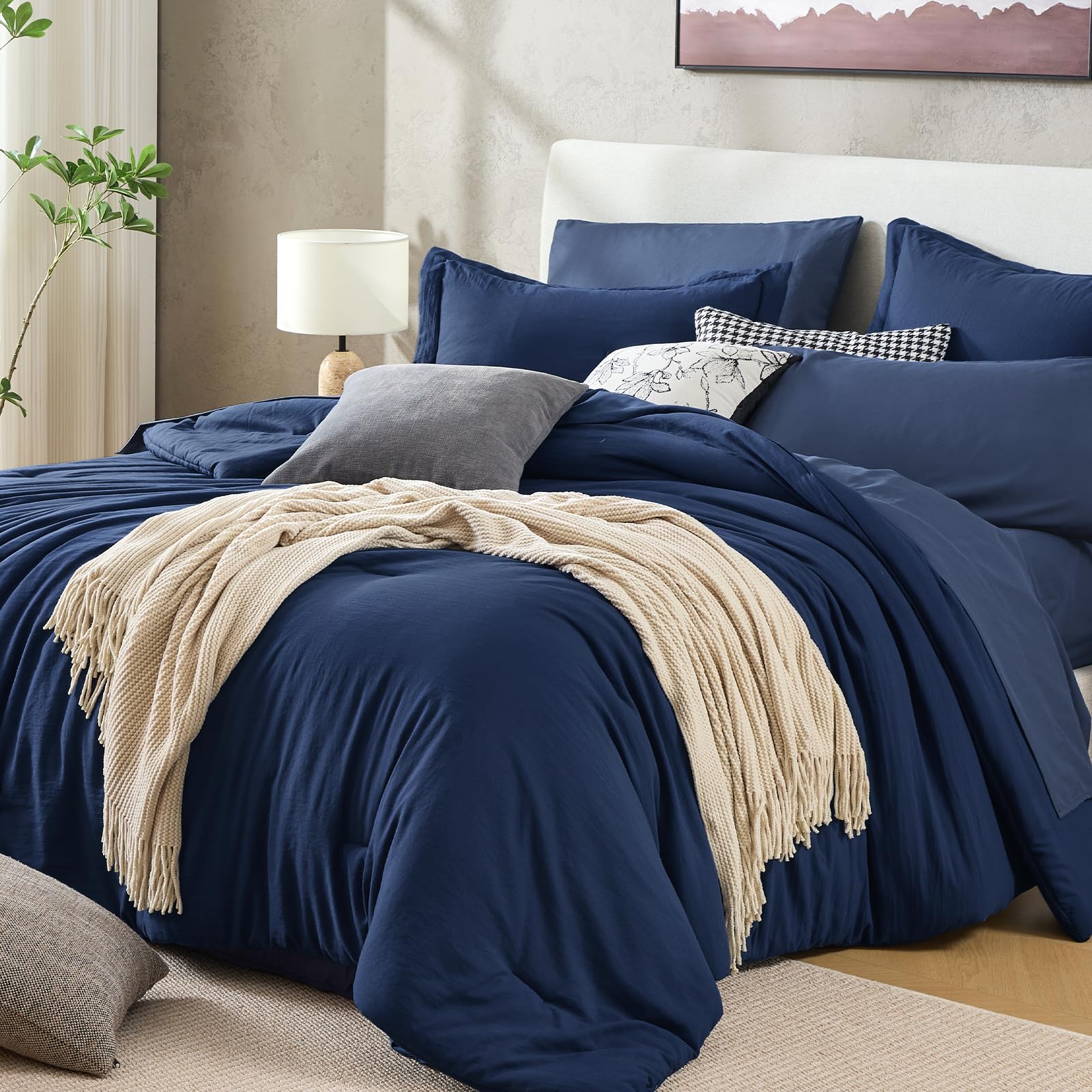 Sasttie Navy Blue Queen Comforter Set 7-Piece, Pre-Washed Bed in a Bag
