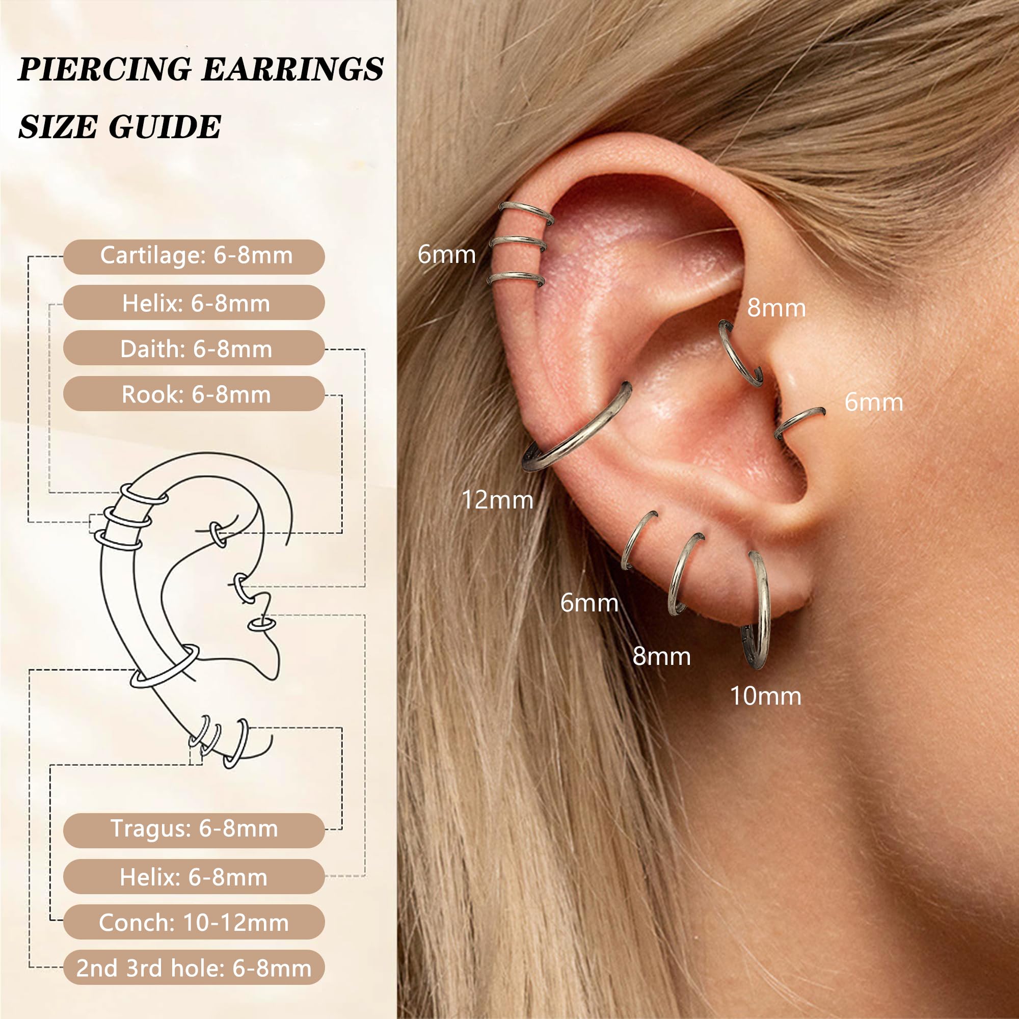 Diamday 8pcs Clicker Piercing Nariz 16G/18G 316L Acero Quirúrgico 6mm 8mm 10mm 12mm