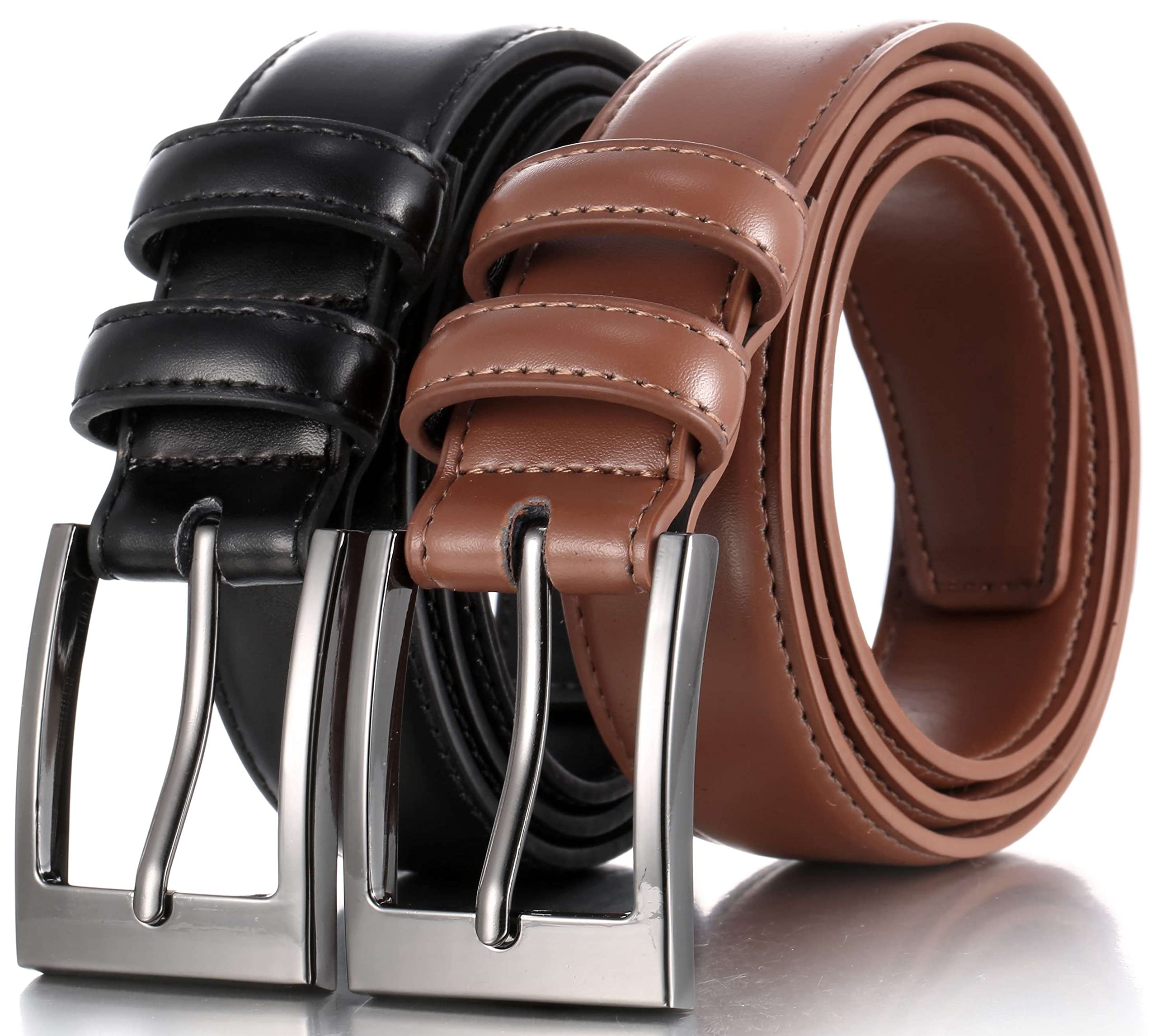 Marino Avenue Men's Black/Tan Marino’s Genuine Leather Dress Belt With Single Prong Buckle - Deep Charcoal & Amber - 50 (Waist: 48)