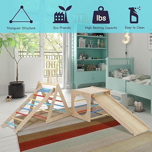 Miniatura 3 de JOYMOR Escalador de madera para niños pequeños 4 en 1 para interiores actividades en interiores para niños deslizamiento y escalada estructura de