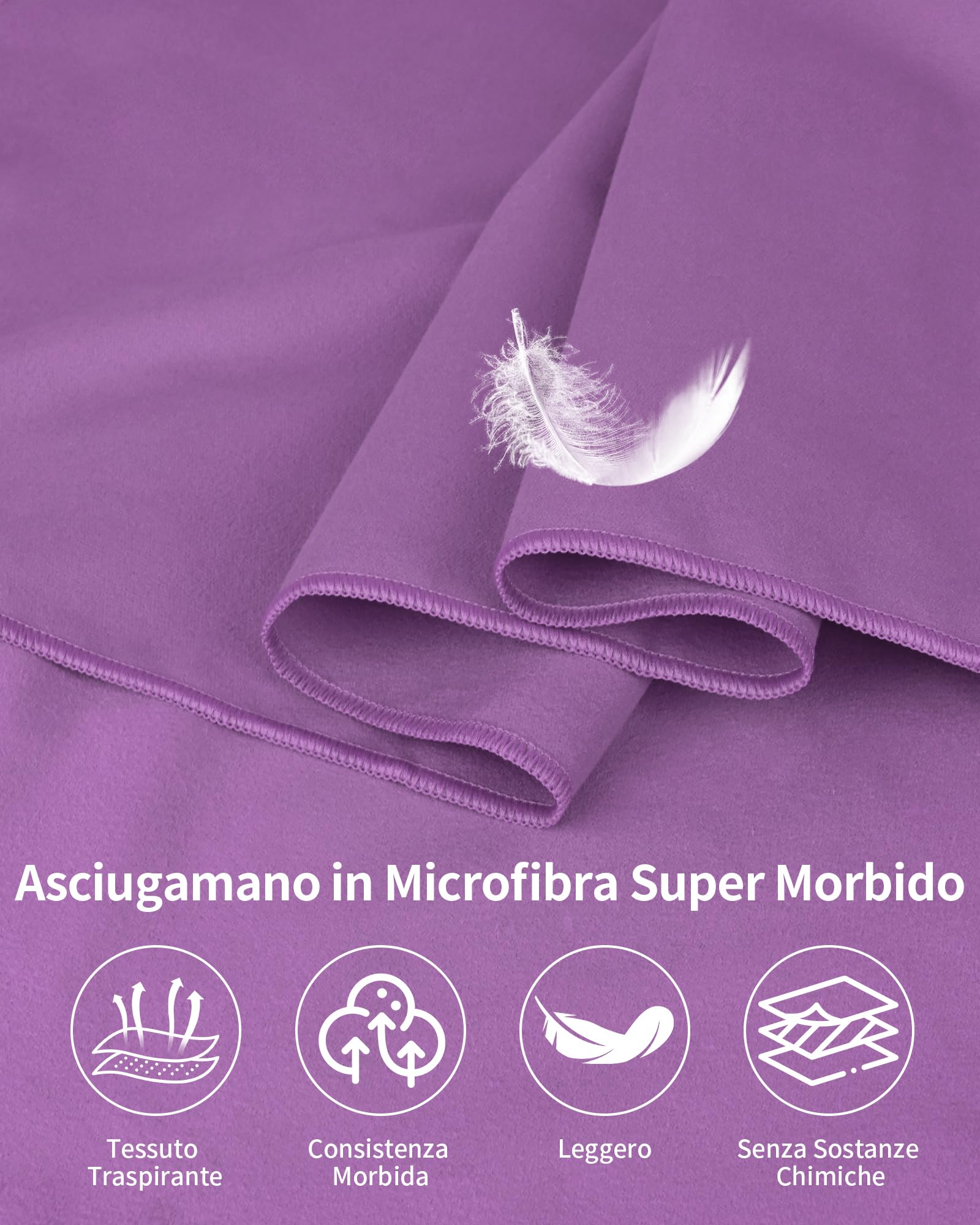 Pfloge® Asciugamano Microfibra Set di 3, 180x80cm Asciugamano Palestra Grande & 2 Pezzi 80x40cm Telo Mare Microfibra, Compatto & Ultraleggero, per Fitness, Sauna, Spiaggia, Viaggi(Viola)