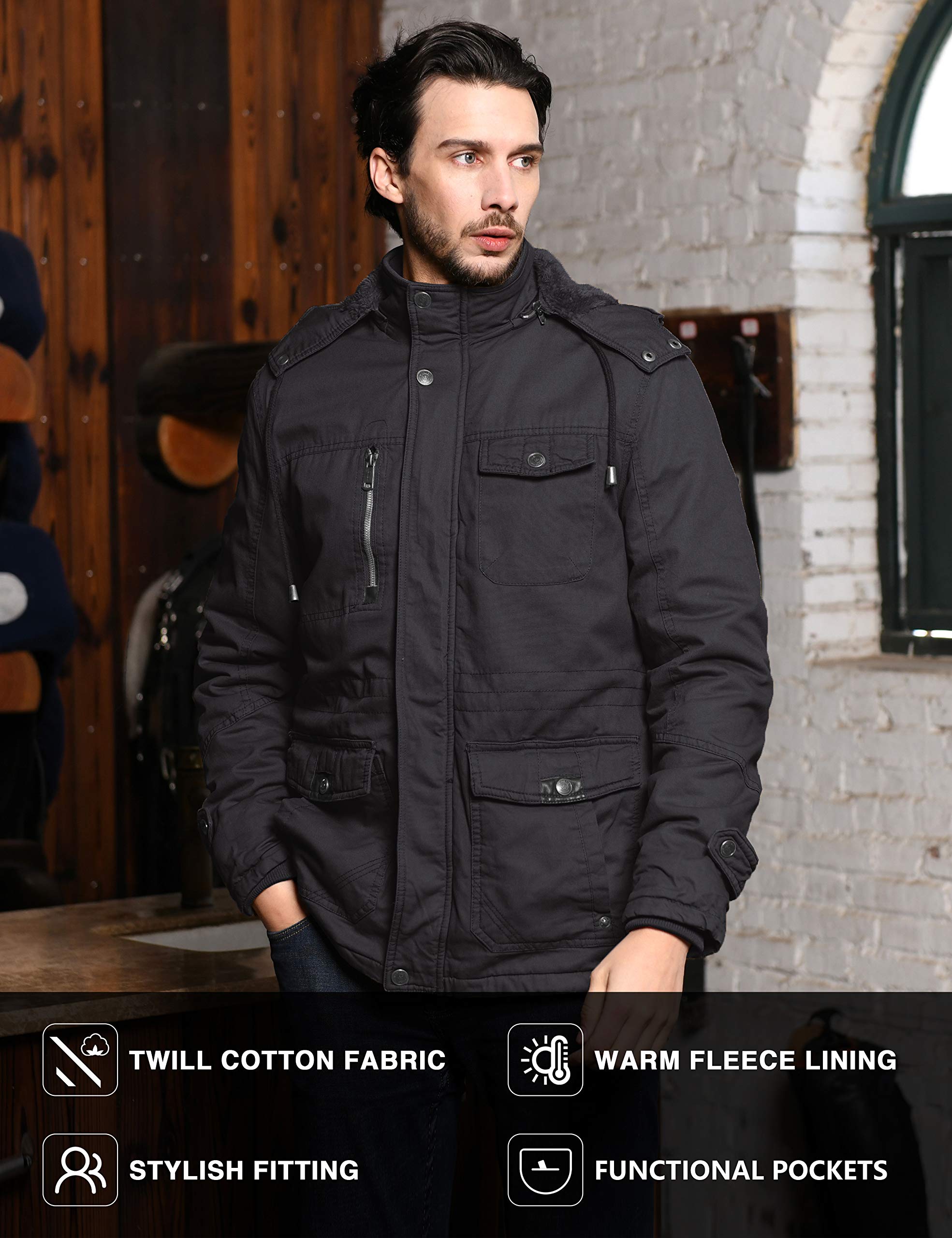 WenVen Giacca Militare Calda Invernale Cappotto con Cappuccio Staccabile a Vento Parka da Esterno Media Lunga Giubbotto Imbottito in Cotone Uomo