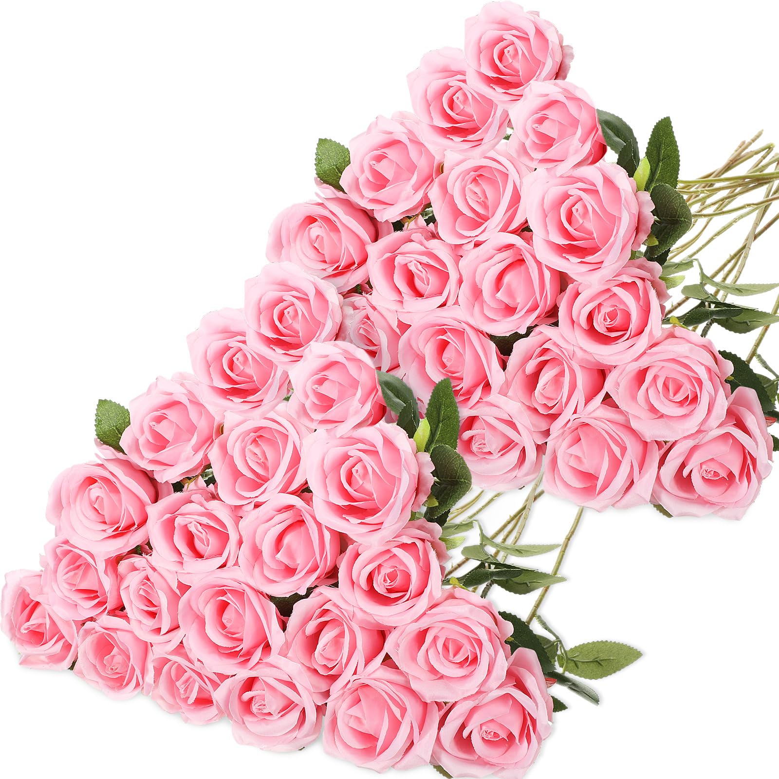 40 Pcs Rose Artificial Flowers Bulk with Long Stem, Real Touch Silk Roses, Realistic Fake Bouquet Roses for Home Wedding Bridal Shower Party Table Centerpieces Decoration (Pink)