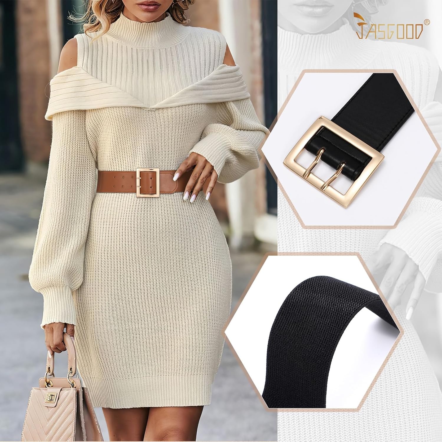 JASGOOD Women Wide Elastic Waist Belt for Dresses Fashion Gold Square Buckle Stretchy Leather Waistband for Ladies - Image 3