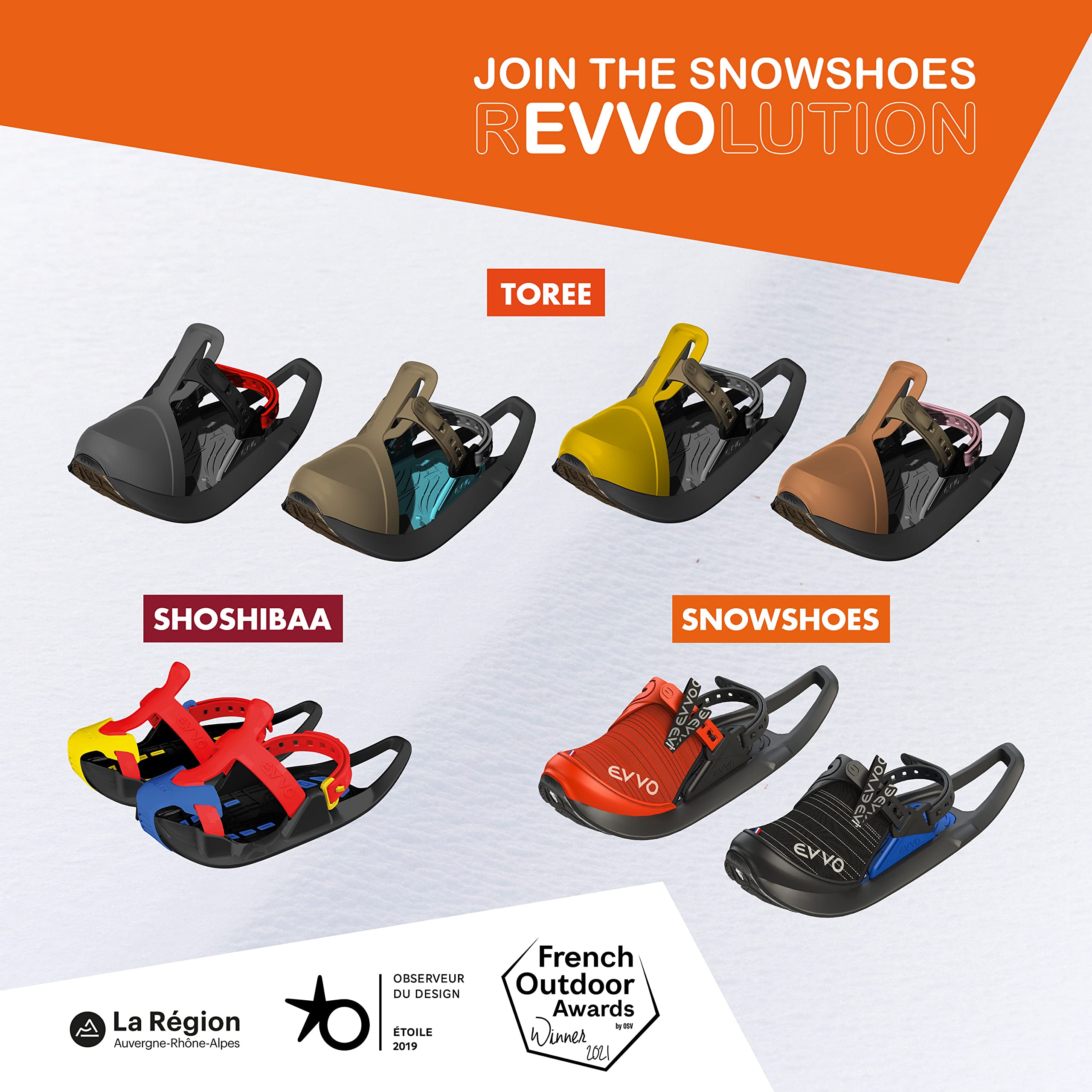 EVVO - TOREE - Raquette à Neige Made in France avec Semelles Biosourced90® Cloutées Michelin®, Fixations Réglables, pour Homme et Femme avec Sac de Transport Inclus, Tout Terrain, Randonnée Neige