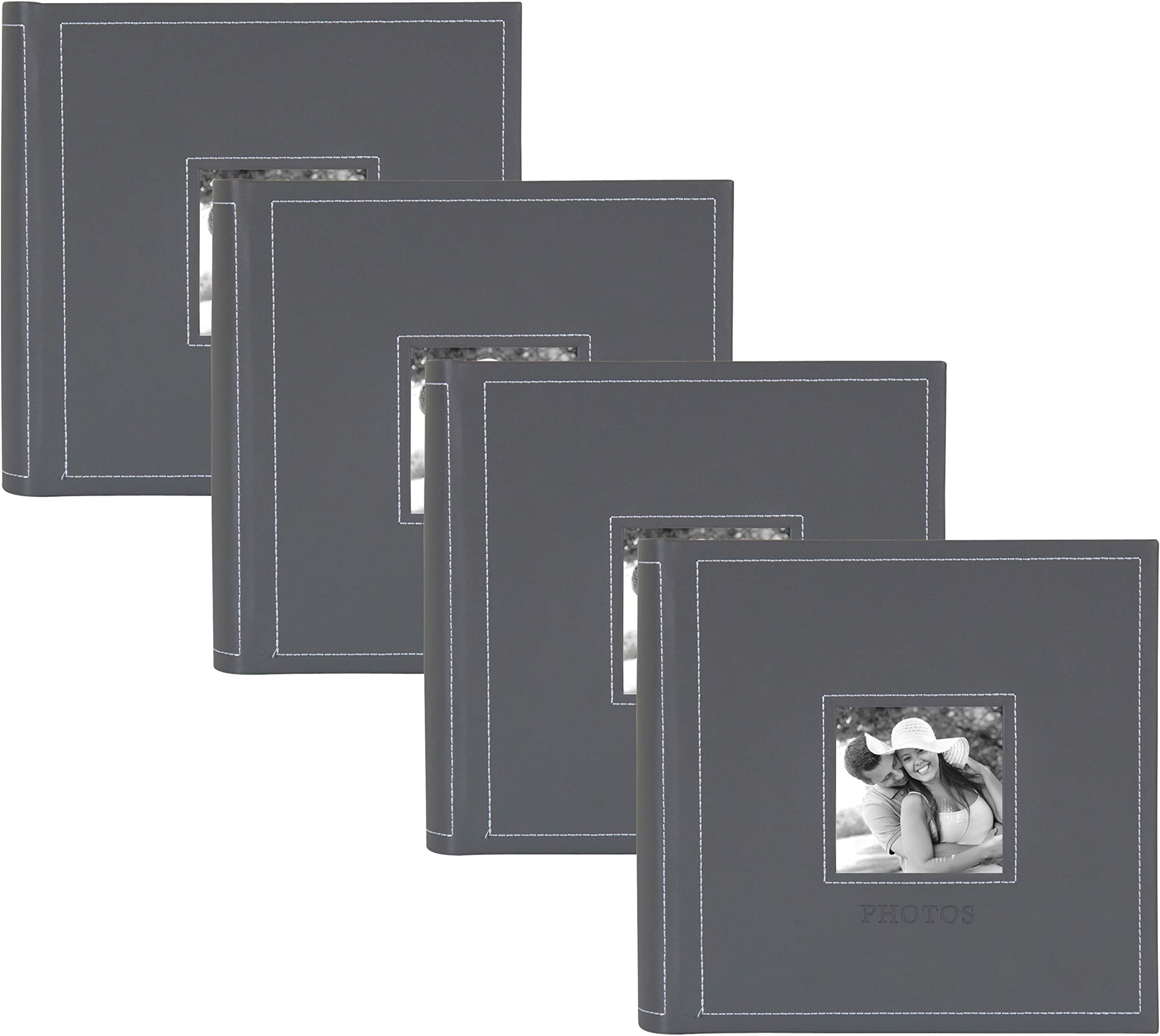 DesignOvation Debossed Faux Leather Photo Album, Holds 100 5x7 or 200 4x6 Photos, Set of 4, Gray