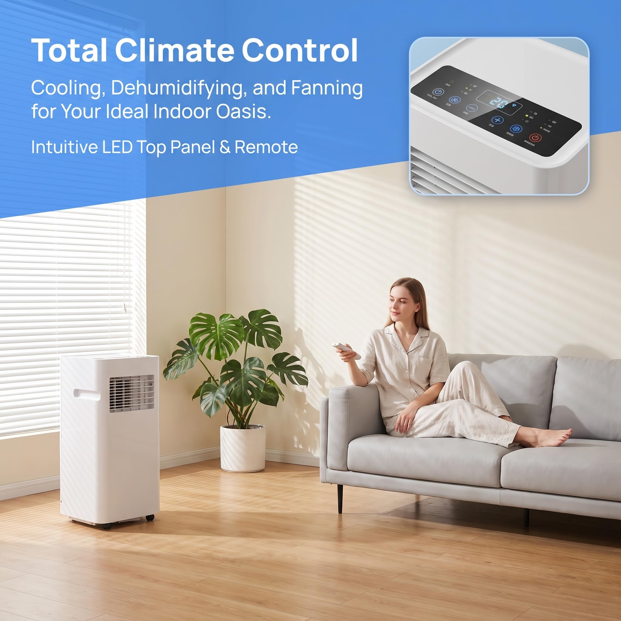 Aire acondicionado portátil de 12000 BTU, refrigeración y deshumidificador eficientes, funcionamiento silencioso, pantalla digital, temporizador de 24 horas, cubre hasta 300 pies cuadrados.