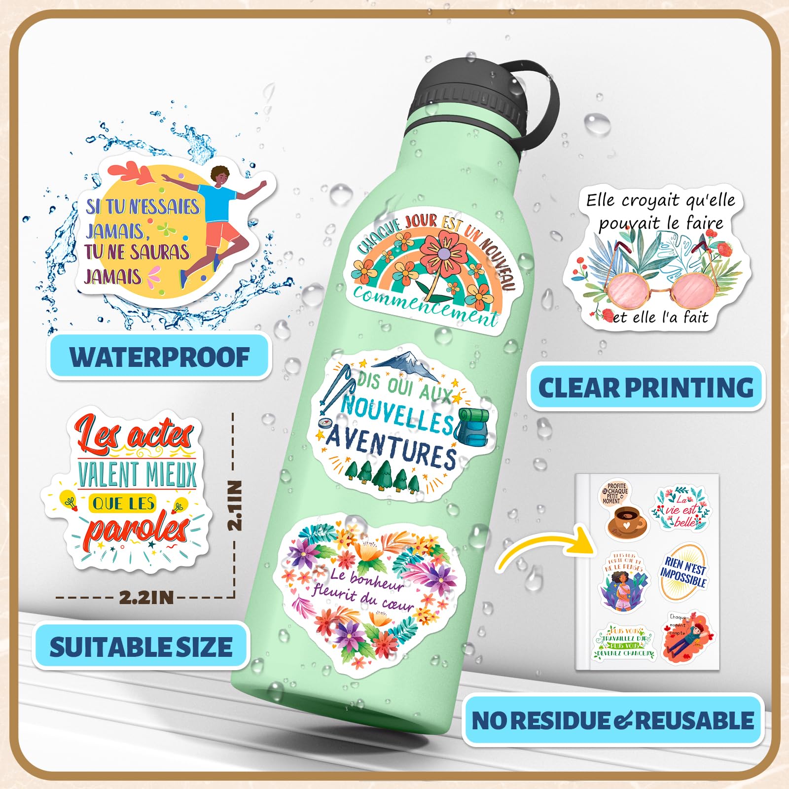 WAKEMOODEI 200 PCS French Inspirational Stickers for Teens Adults Kids, Motivational French Stickers for Students Teachers, Vinyl Positive Gifts Water Bottle Decals