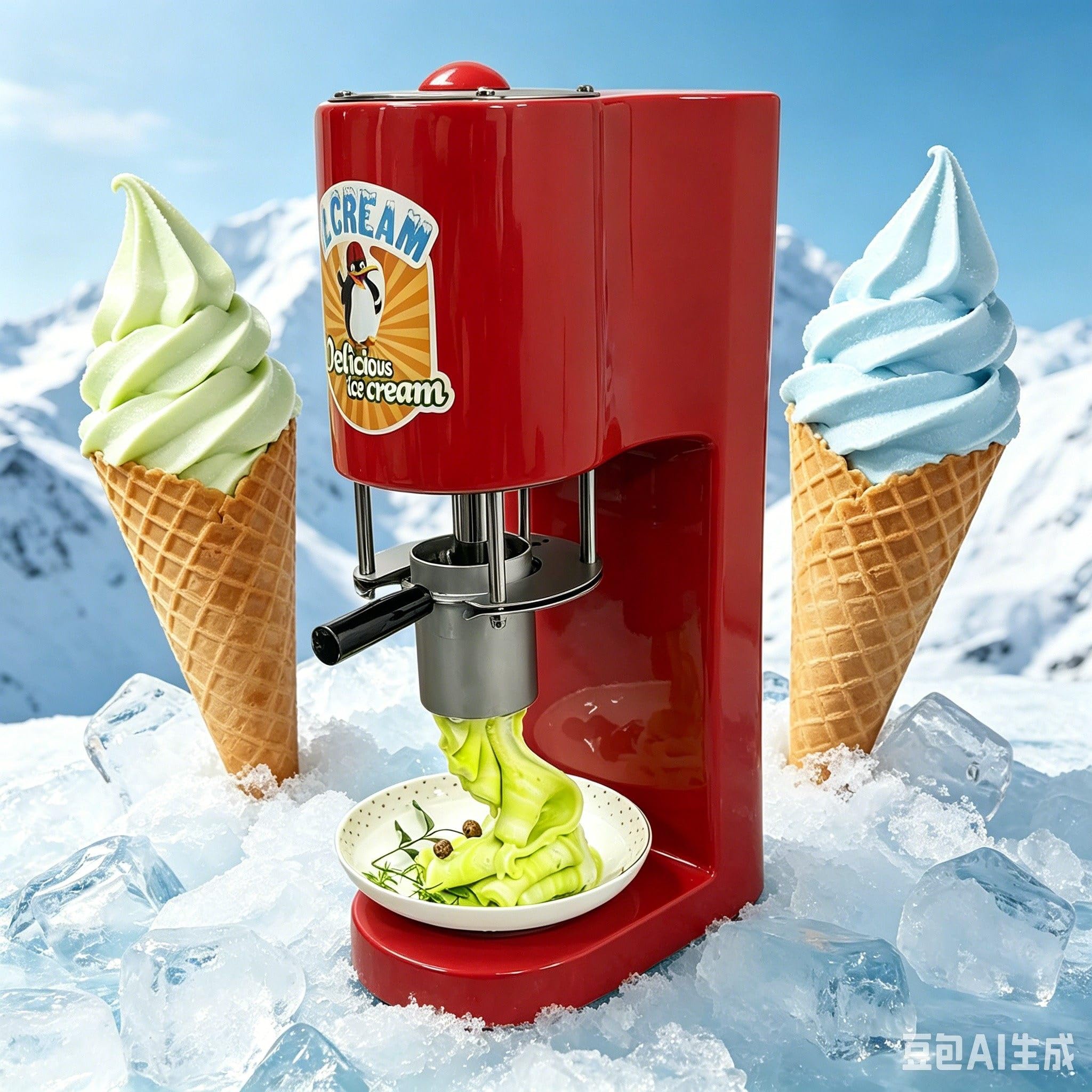 ROGHA Commercial Spaghetti Ice Cream Machine with 4 Shape Molds,80w Ice Cream Noodle Maker,28-30L/H Spaghetti-Eismaschine,for Dessert Shops & Home Use Red